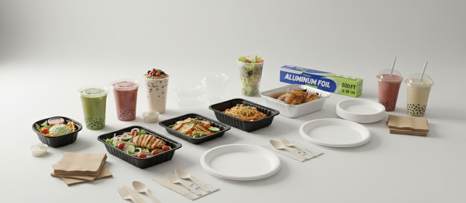 Table with various food items, containers, and packaging on a white background