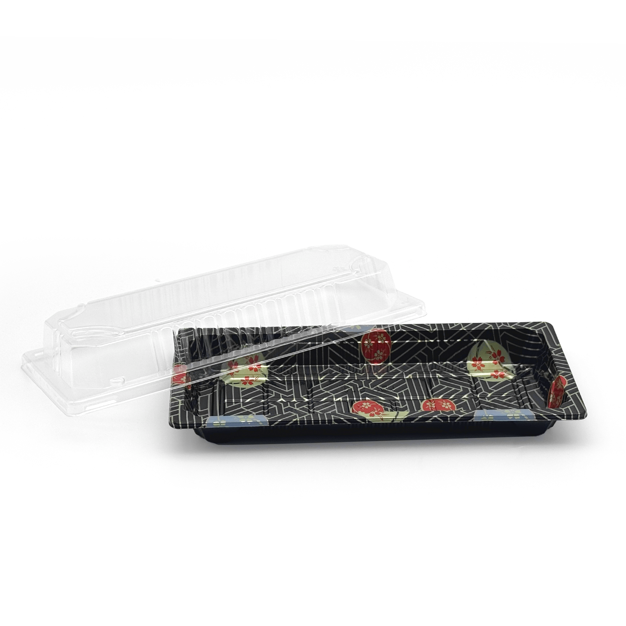 [1,400ct] PS Plastic 8 7/9" x 3 7/9" Sushi Tray Base with Lid | Black
