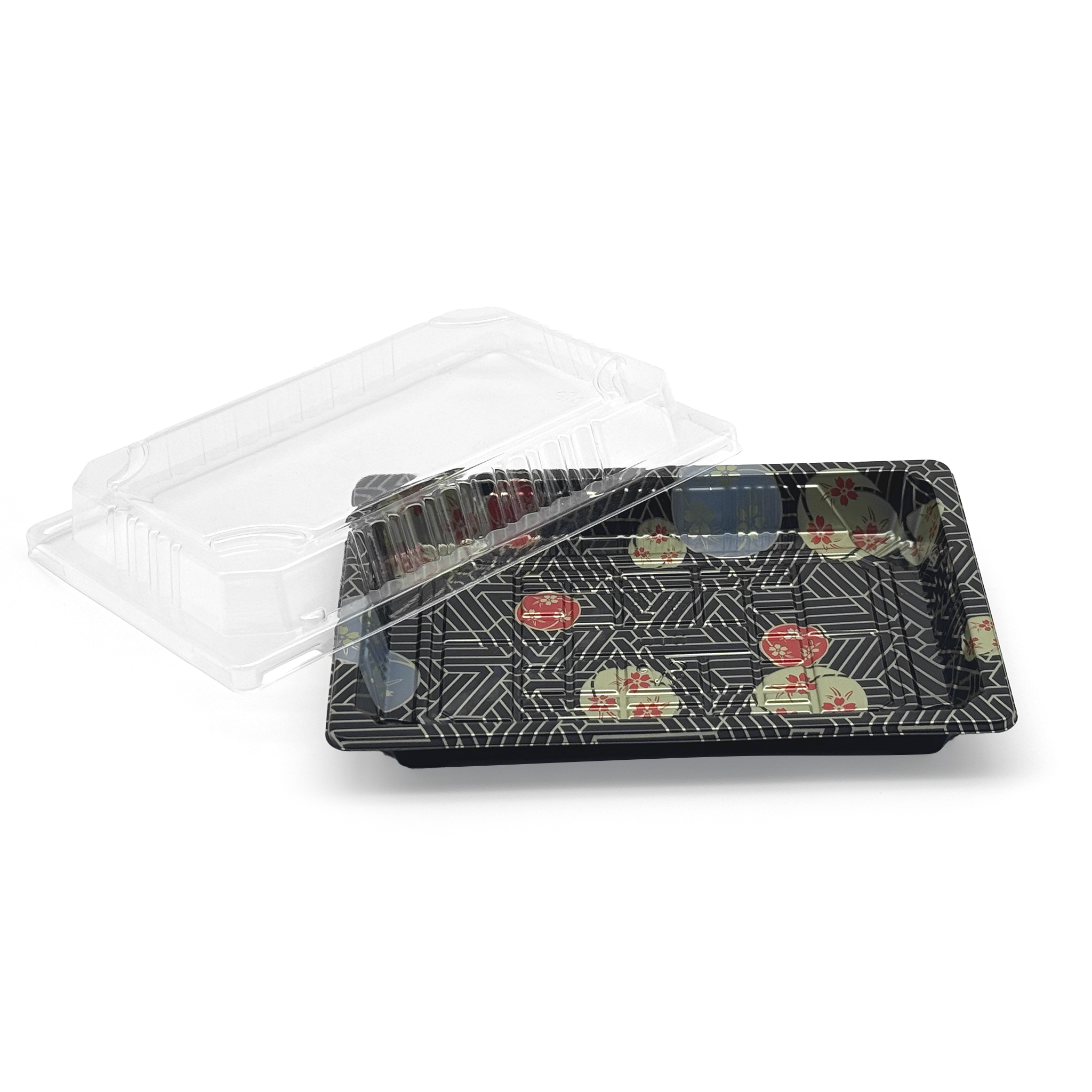 [1,200ct] PS Plastic 7 7/25" x 5 1/10" Sushi Tray Base with Lid | Black