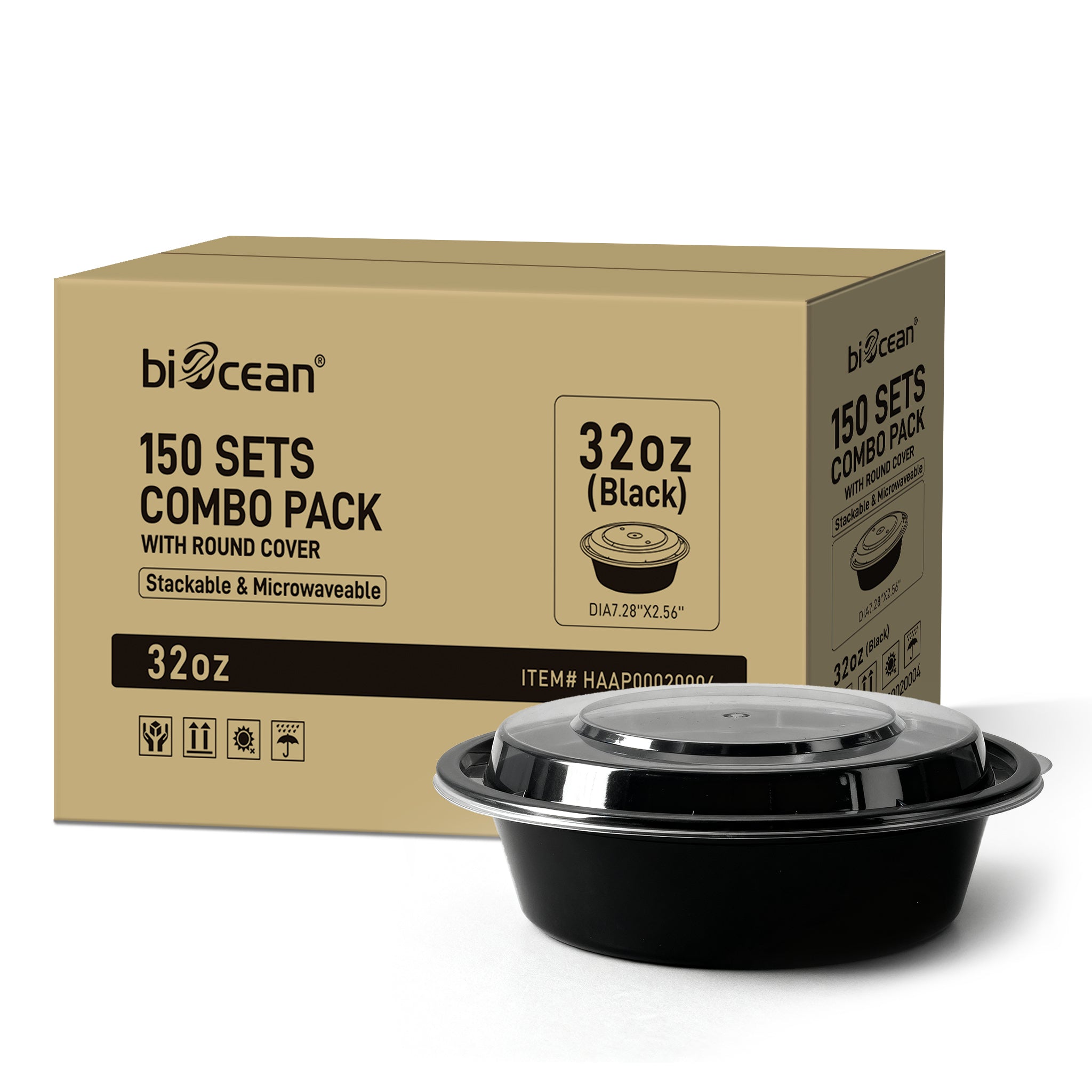 [150ct] 32 oz PP Plastic Microwaveable Takeout Containers & Lids | Round | Black