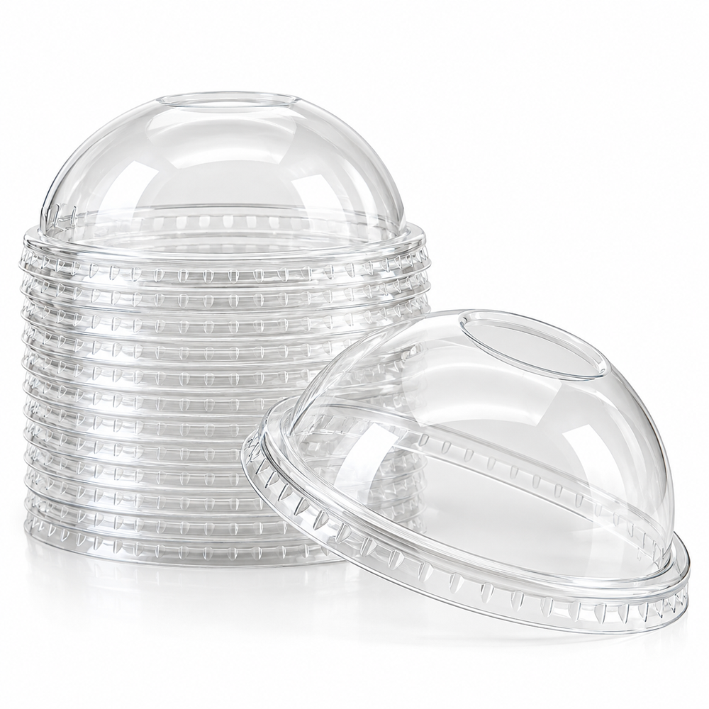 [500 ct] 107mm PET Dome Lids with No Hole | Clear | For 32oz PET Cups