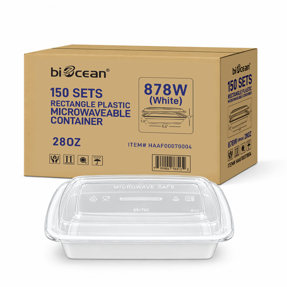 [150ct] 28oz PP Plastic Microwavable Rectangular Food Containers & Lids | White