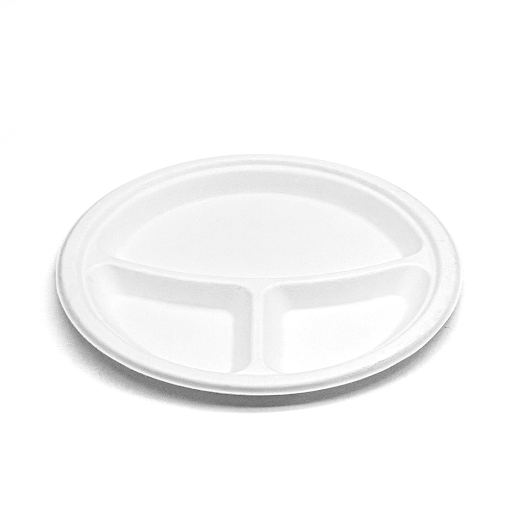 [500ct] 10" Compostable Bagasse Plates | 3-compartment | Round | White