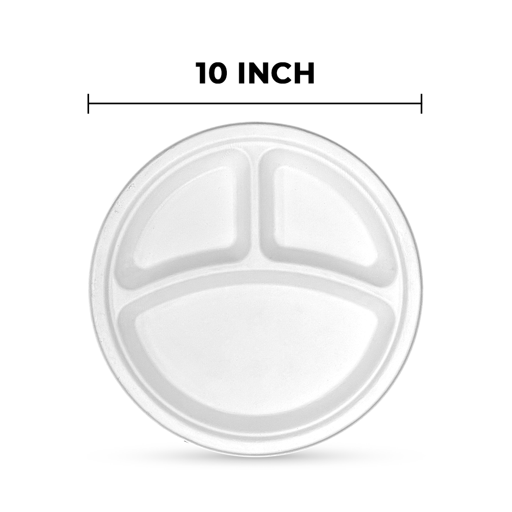 [500ct] 10" Compostable Bagasse Plates | 3-compartment | Round | White