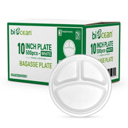 [500ct] 10" Compostable Bagasse Plates | 3-compartment | Round | White