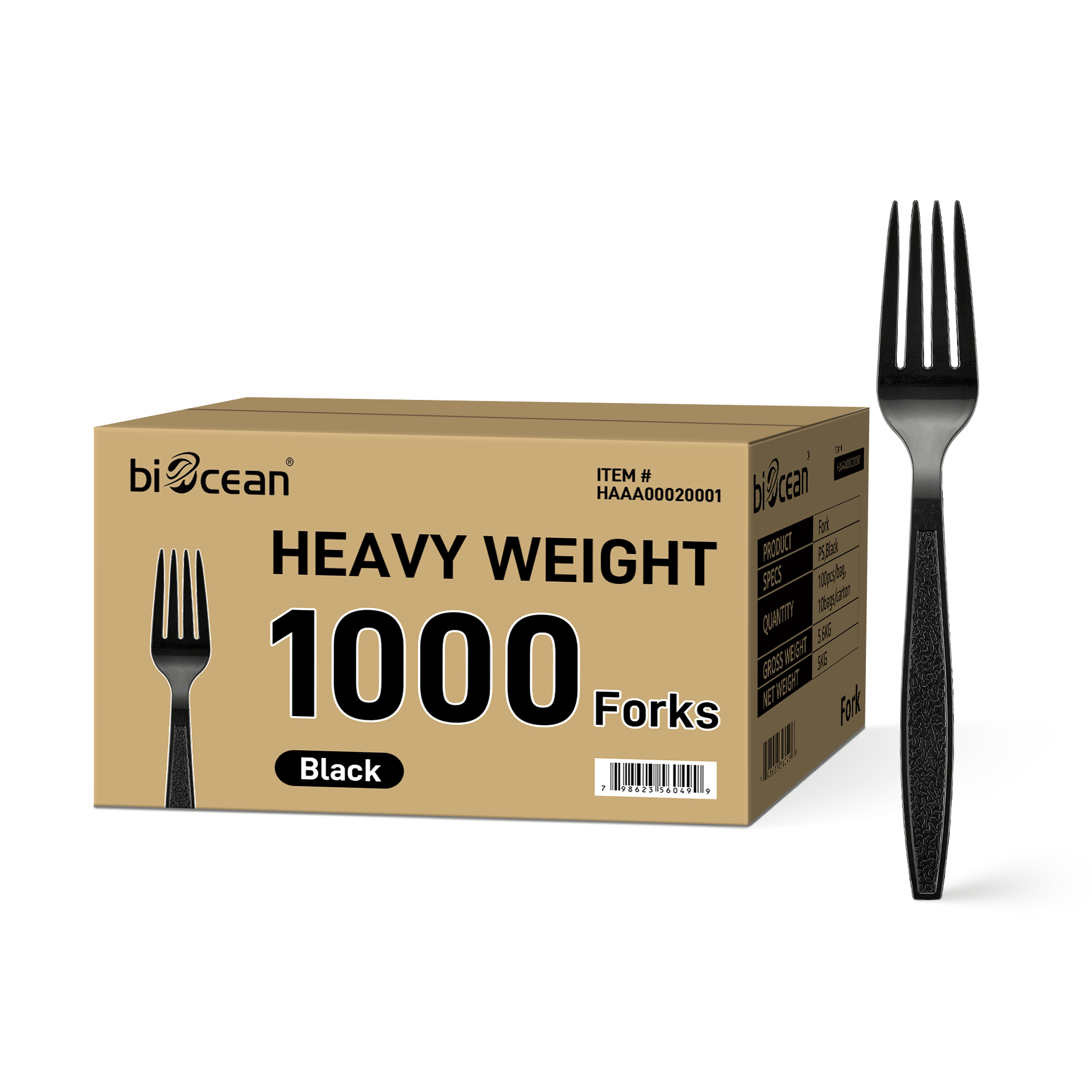 [1,000 ct] PS Plastic Heavy Weight Textured Forks | Black - Biocean by Danube BlueBiocean