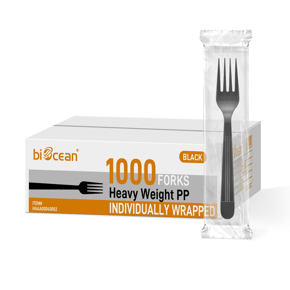 [1,000] PP Plastic Heavy Weight Wrapped Forks | Black - Biocean by Danube BlueBiocean
