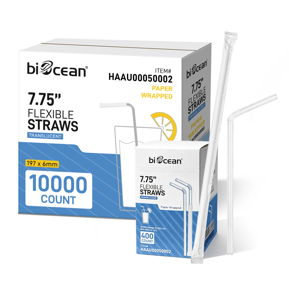 [10,000ct] 7.75" Paper Wrapped Flex Straw | Clear - Biocean by Danube BlueBiocean