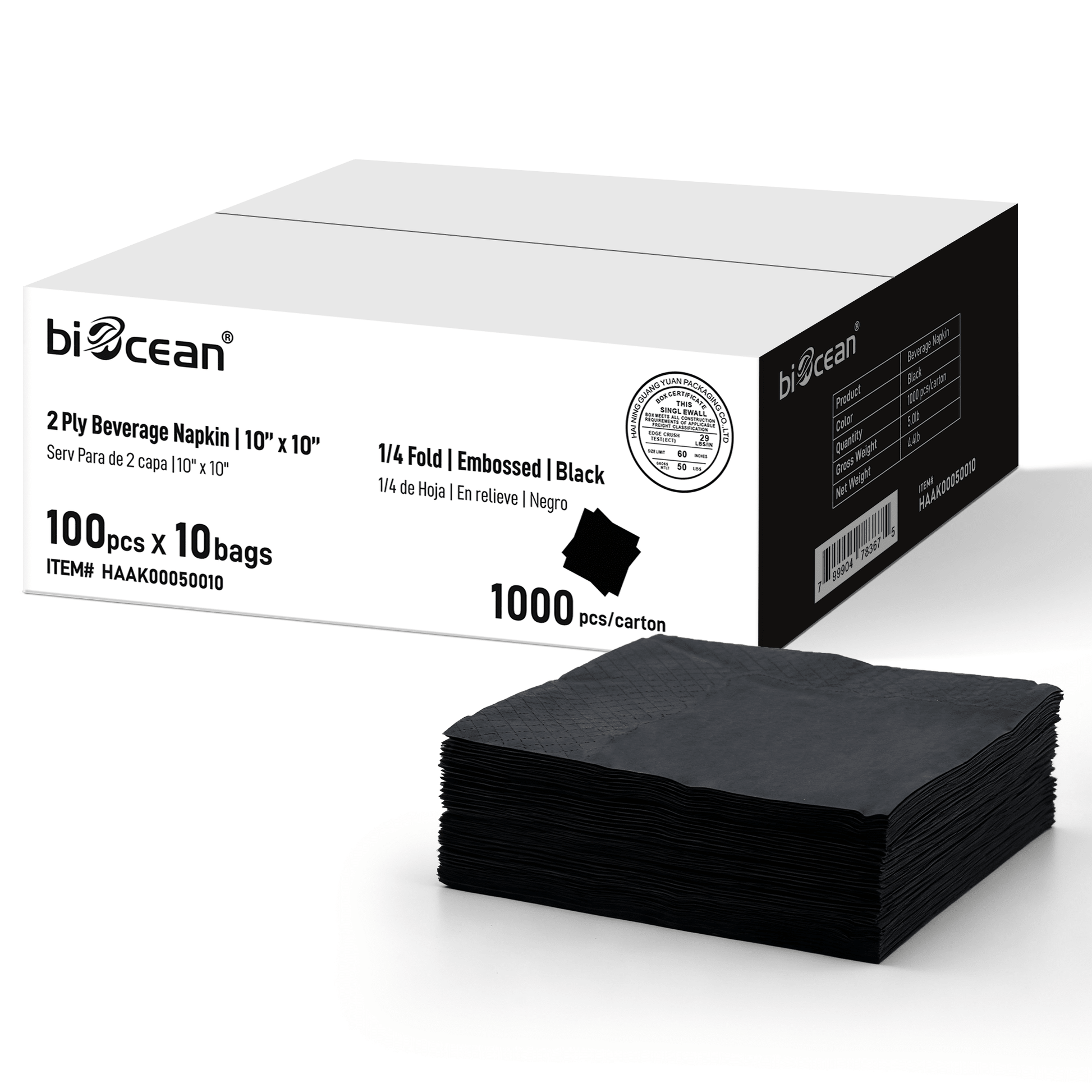 [1,000ct] 10" x 10" 2-Ply Beverage Napkins | 1/4 Fold | Black - Biocean by Danube BlueBiocean