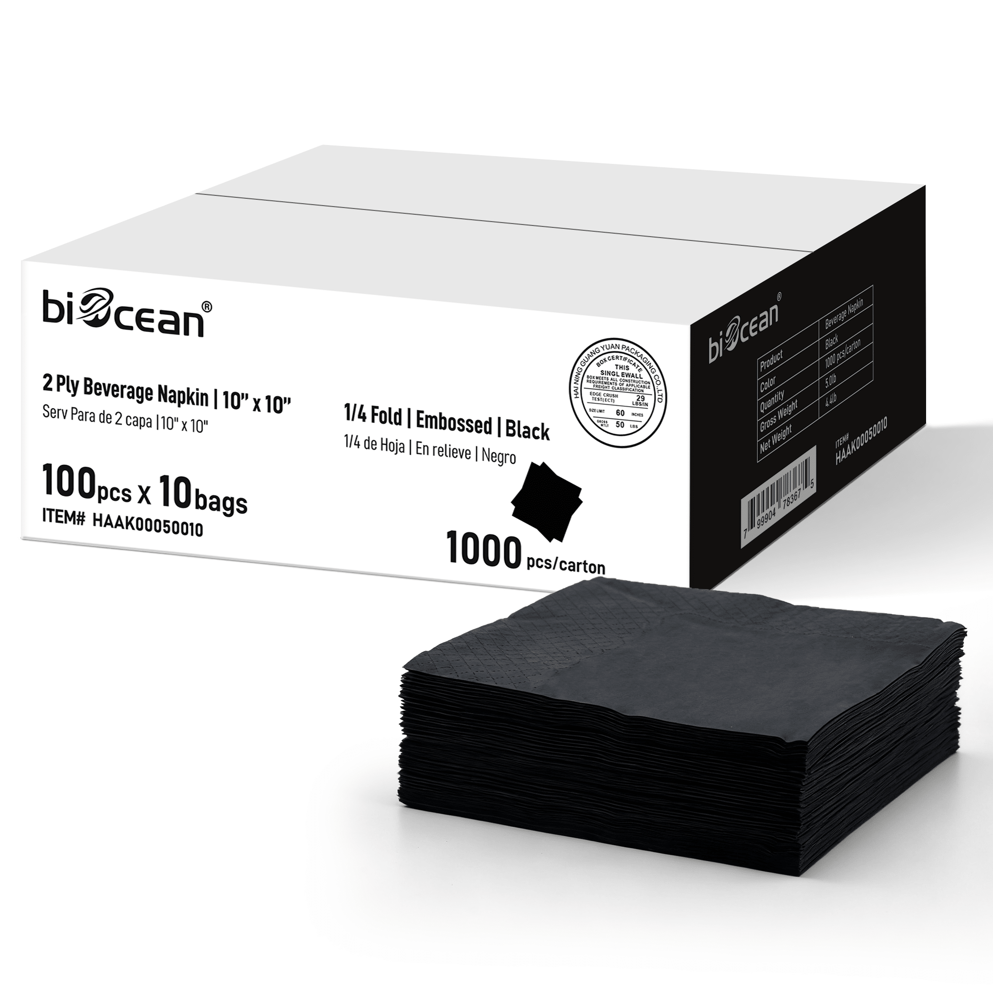 [1,000ct] 10" x 10" 2-Ply Beverage Napkins | 1/4 Fold | Black - Biocean by Danube BlueBiocean
