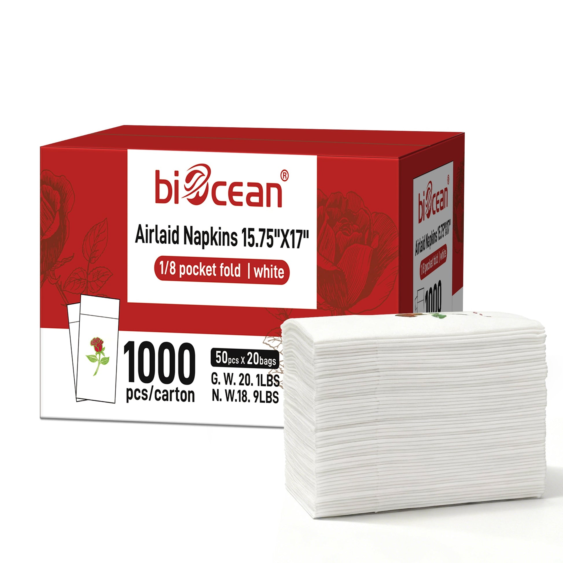 [1,000ct] 15.75" x 17" Rose Pattern Airlaid Paper | 1/8 Fold | White - Biocean by Danube BlueBiocean