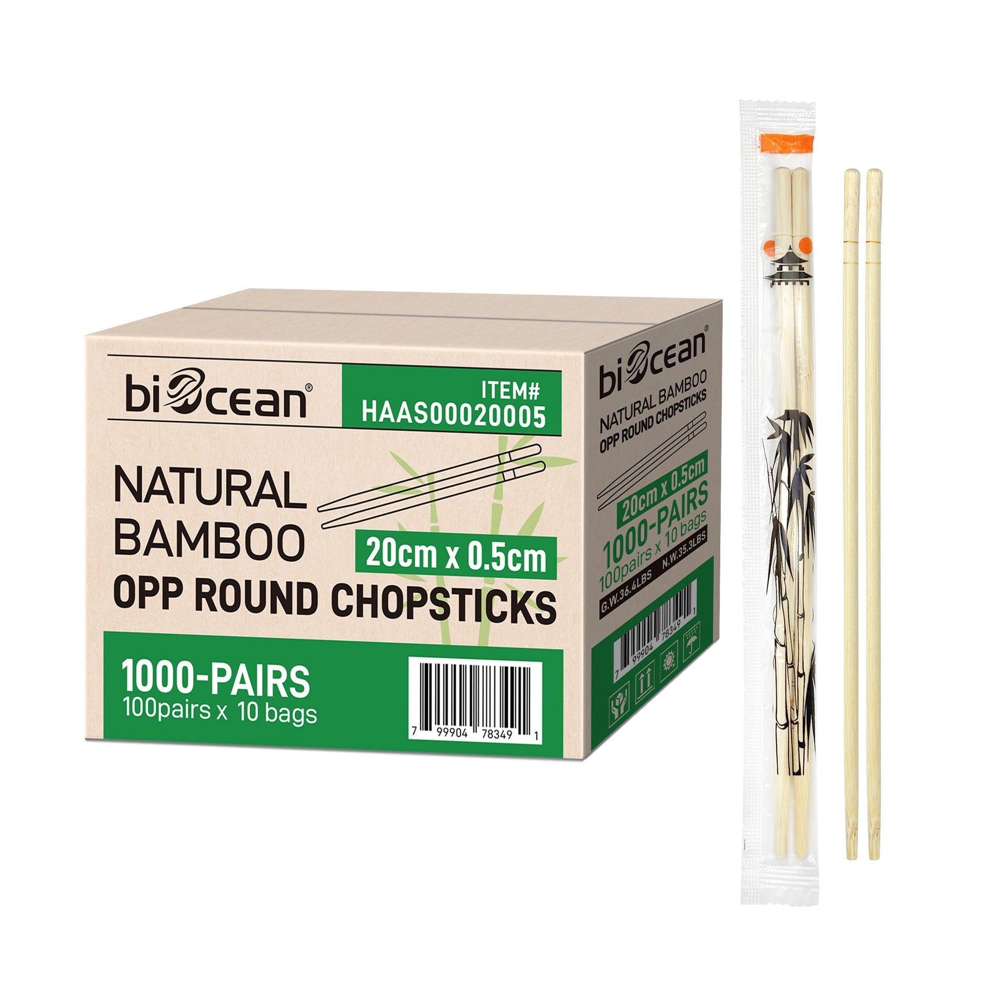 [1,000ct] 7.8" Plastic Wrapped Bamboo Round Chopsticks - Biocean by Danube BlueBiocean