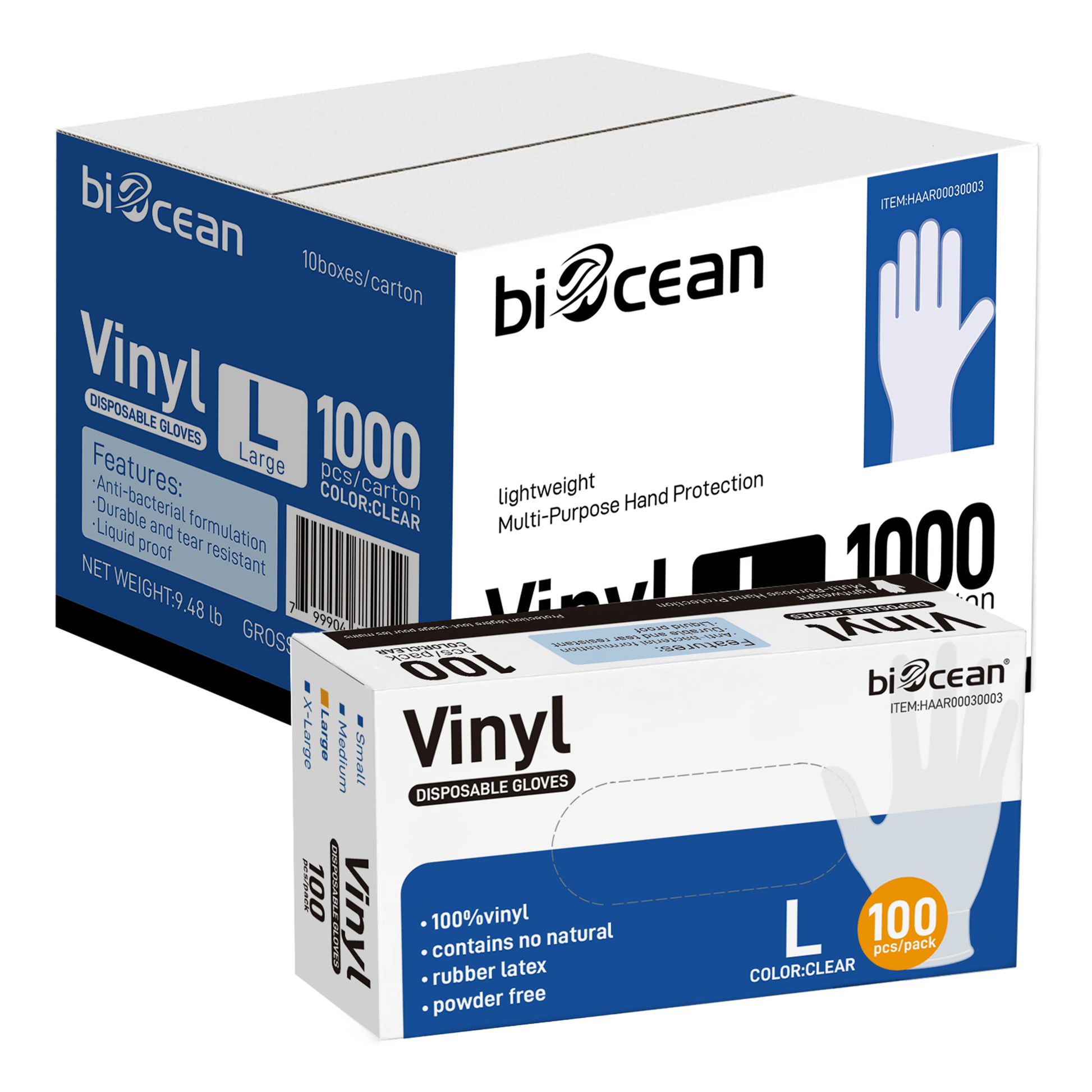 [1,000ct] Powder-Free Vinyl Gloves | Large | Clear - Biocean by Danube BlueBiocean