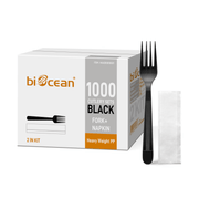 [1,000ct] PP Plastic Heavy Weight Cutlery Kits( Fork, Napkin) | Black - Biocean by Danube BlueBiocean