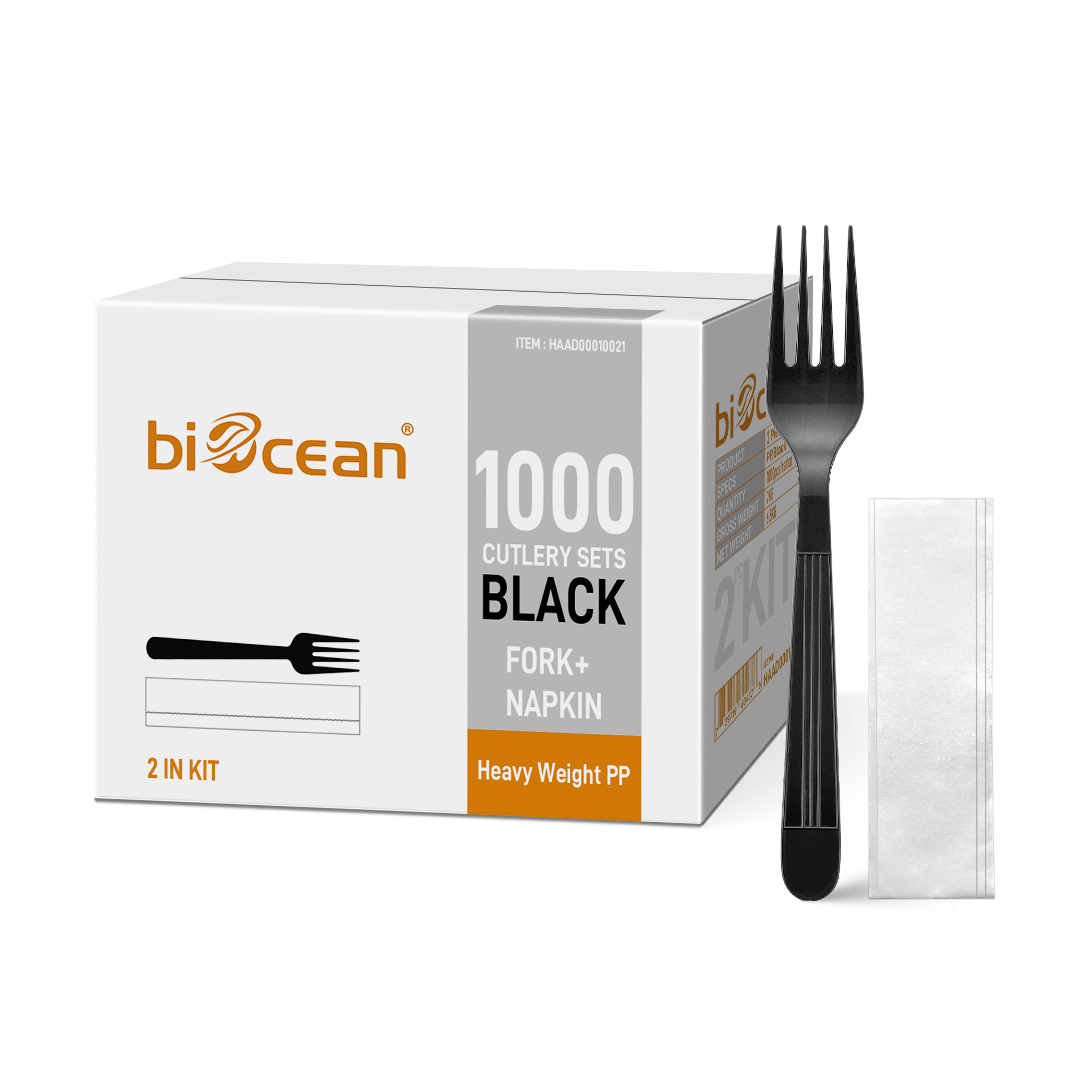 [1,000ct] PP Plastic Heavy Weight Cutlery Kits( Fork, Napkin) | Black - Biocean by Danube BlueBiocean