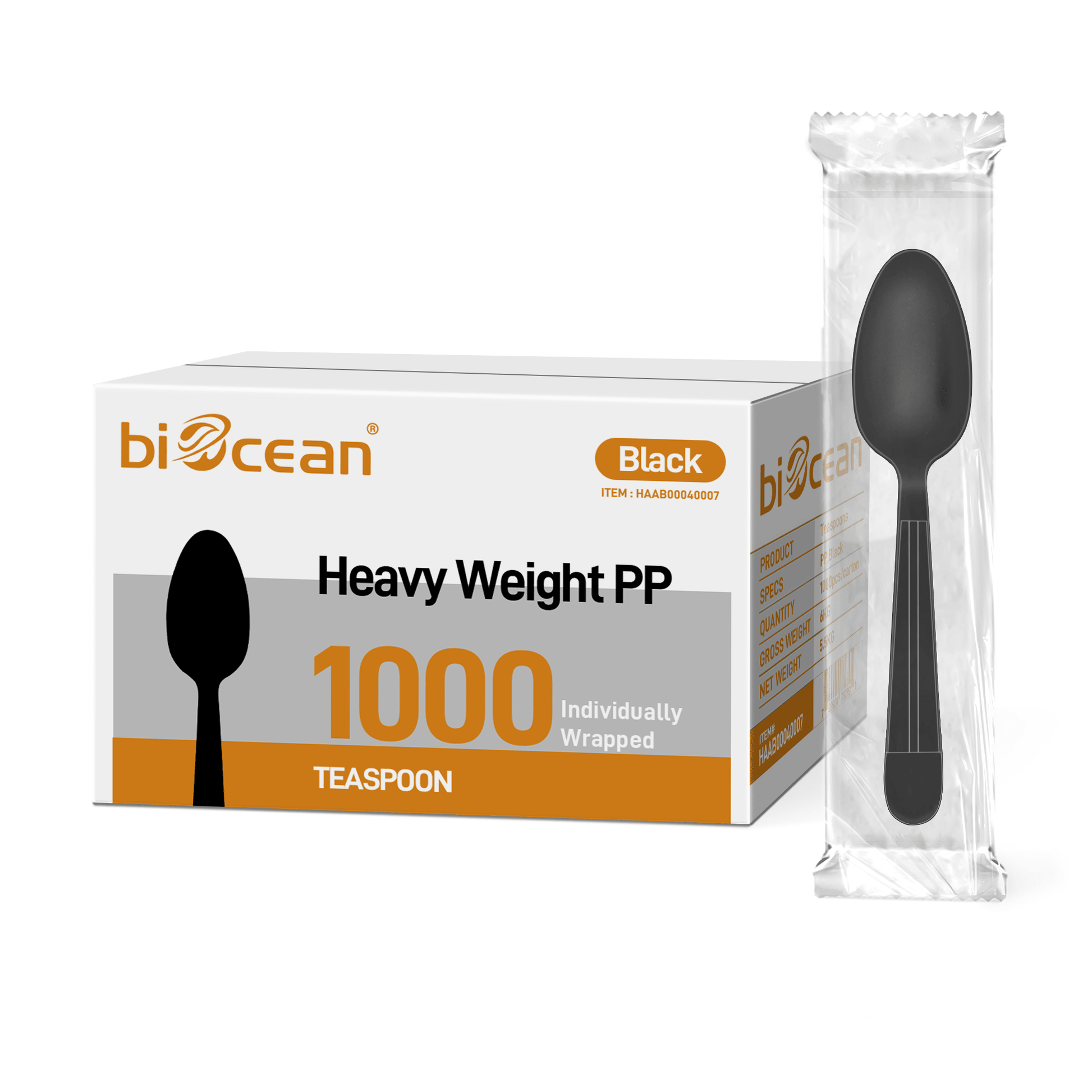 [1,000ct] PP Plastic Heavy Weight Wrapped Tea Spoons | Black - Biocean by Danube BlueBiocean