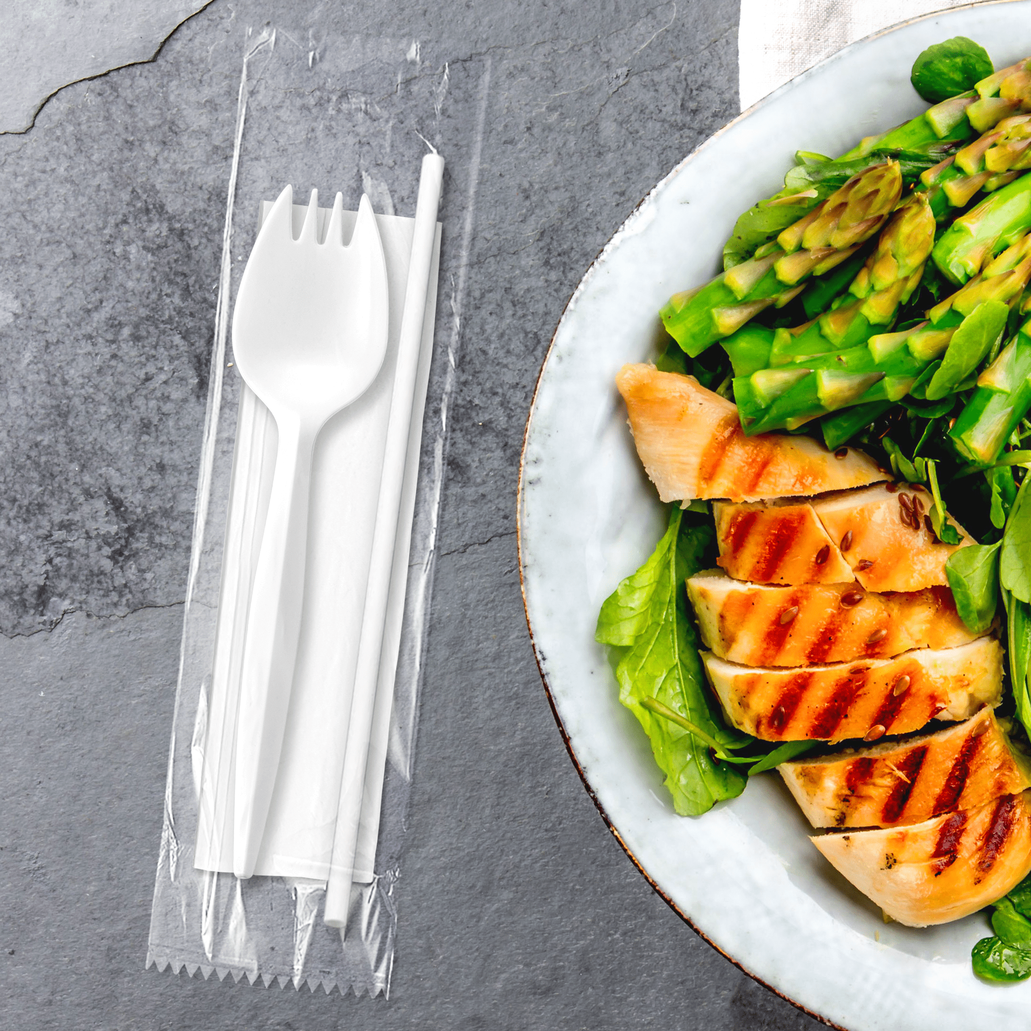 [1,000ct] PP Plastic Medium Weight Cutlery Kits (Spork, Straw, Napkin) | White - Biocean by Danube BlueBiocean