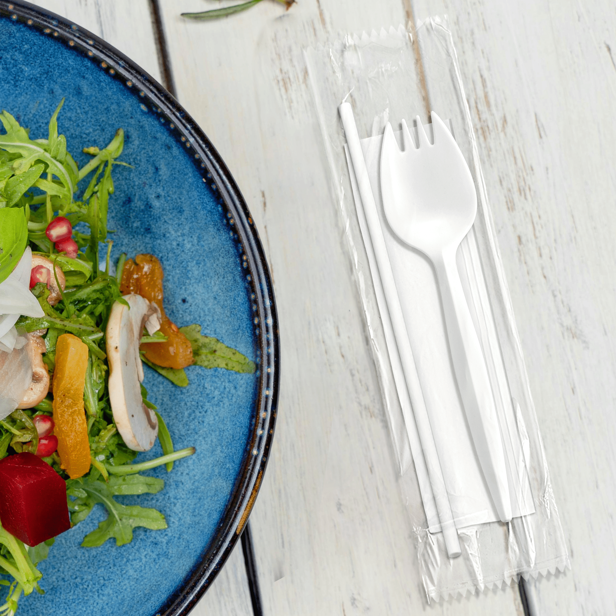 [1,000ct] PP Plastic Medium Weight Cutlery Kits (Spork, Straw, Napkin) | White - Biocean by Danube BlueBiocean
