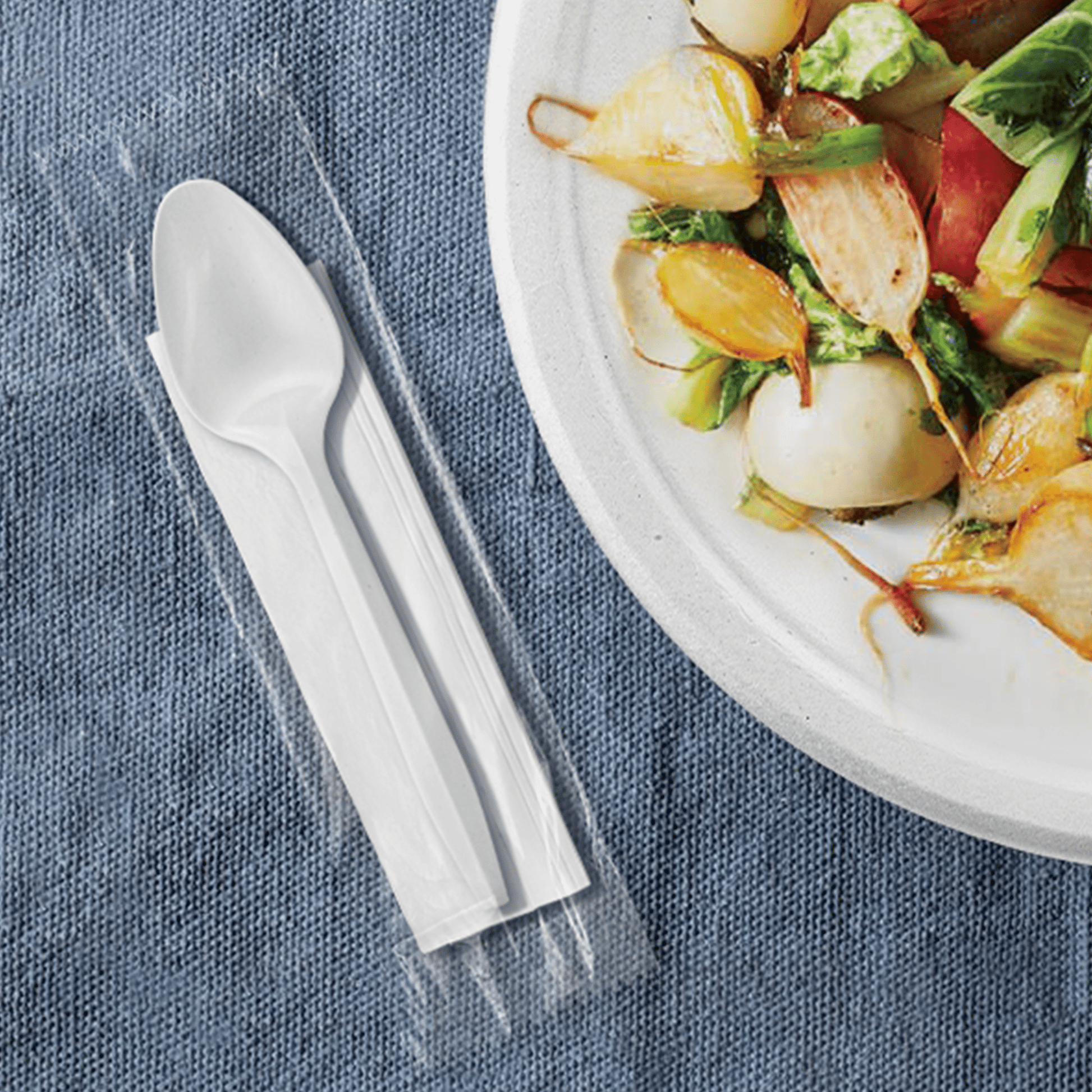 [1,000ct] PP Plastic Medium Weight Cutlery Kits(Tea Spoon,Napkin) | White - Biocean by Danube BlueBiocean