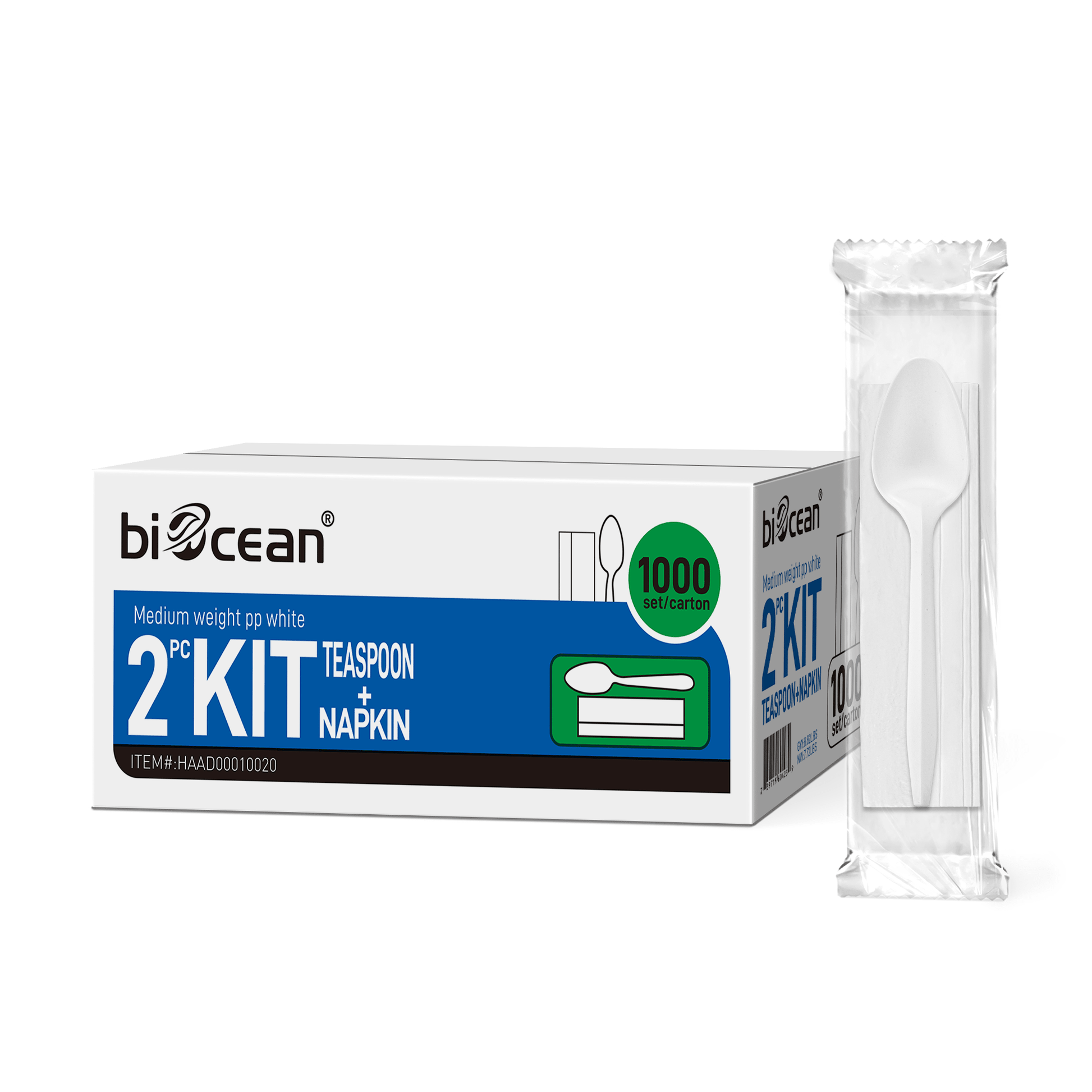 [1,000ct] PP Plastic Medium Weight Cutlery Kits(Tea Spoon,Napkin) | White - Biocean by Danube BlueBiocean
