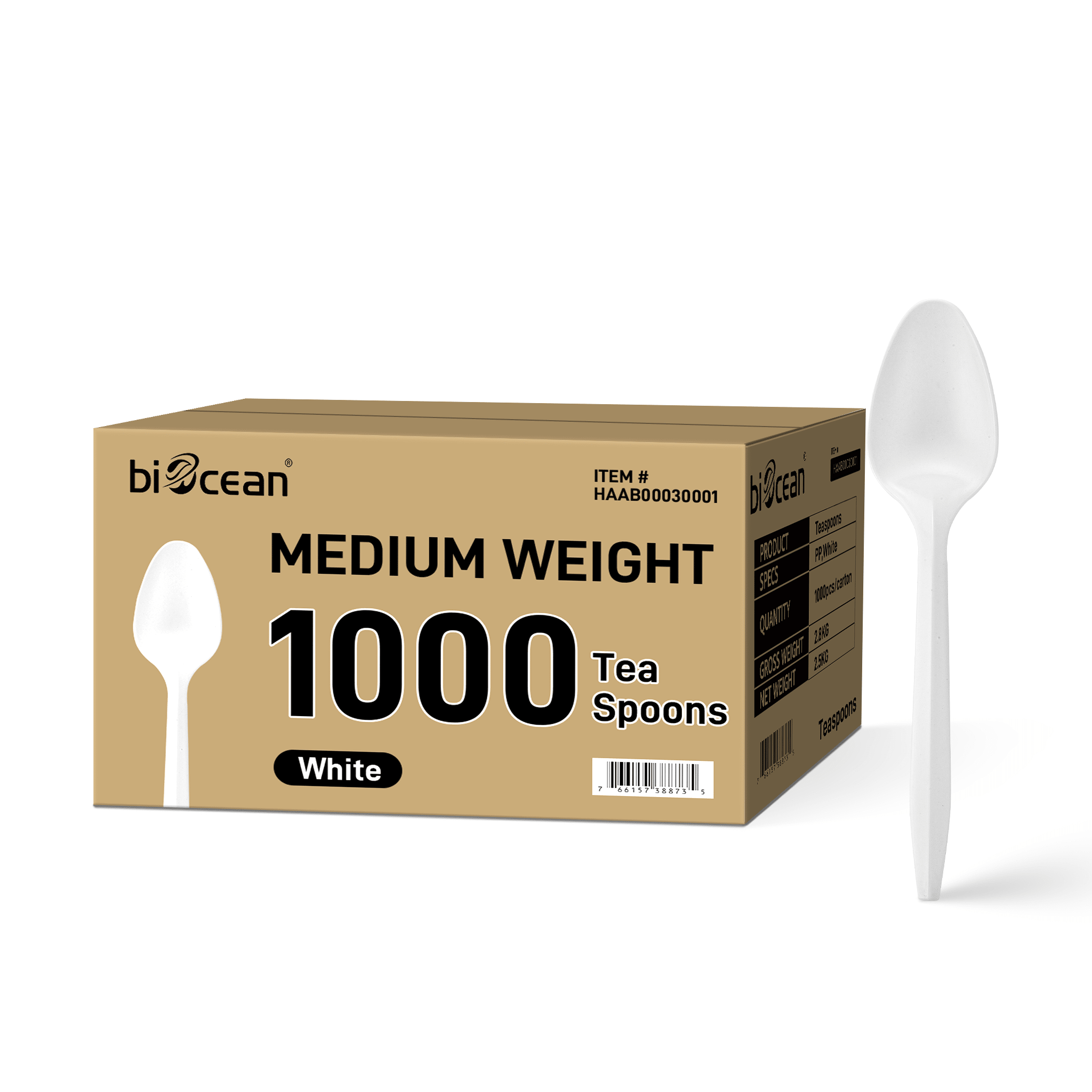 [1,000ct] PP Plastic Medium Weight Tea Spoons | White - Biocean by Danube BlueBiocean