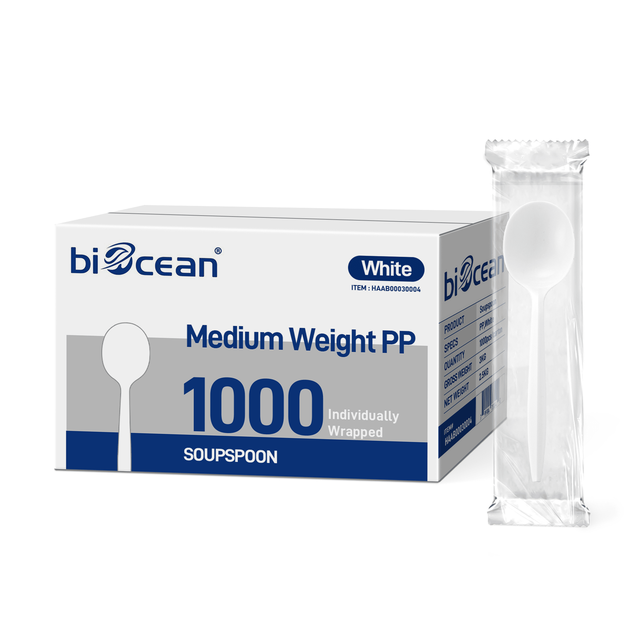 [1,000ct] PP Plastic Medium Weight Wrapped Soup Spoons | White - Biocean by Danube BlueBiocean