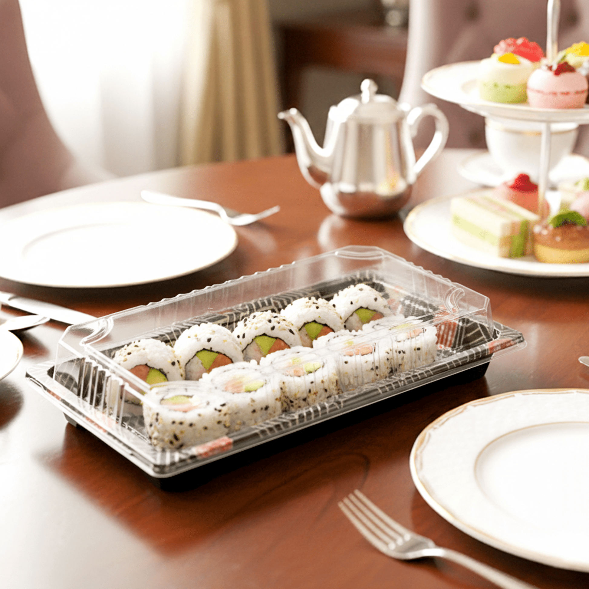 [1,000ct] PS Plastic 8 23/50" x 5 2/5" Sushi Tray Base with Lid | Black - Biocean by Danube BlueBiocean