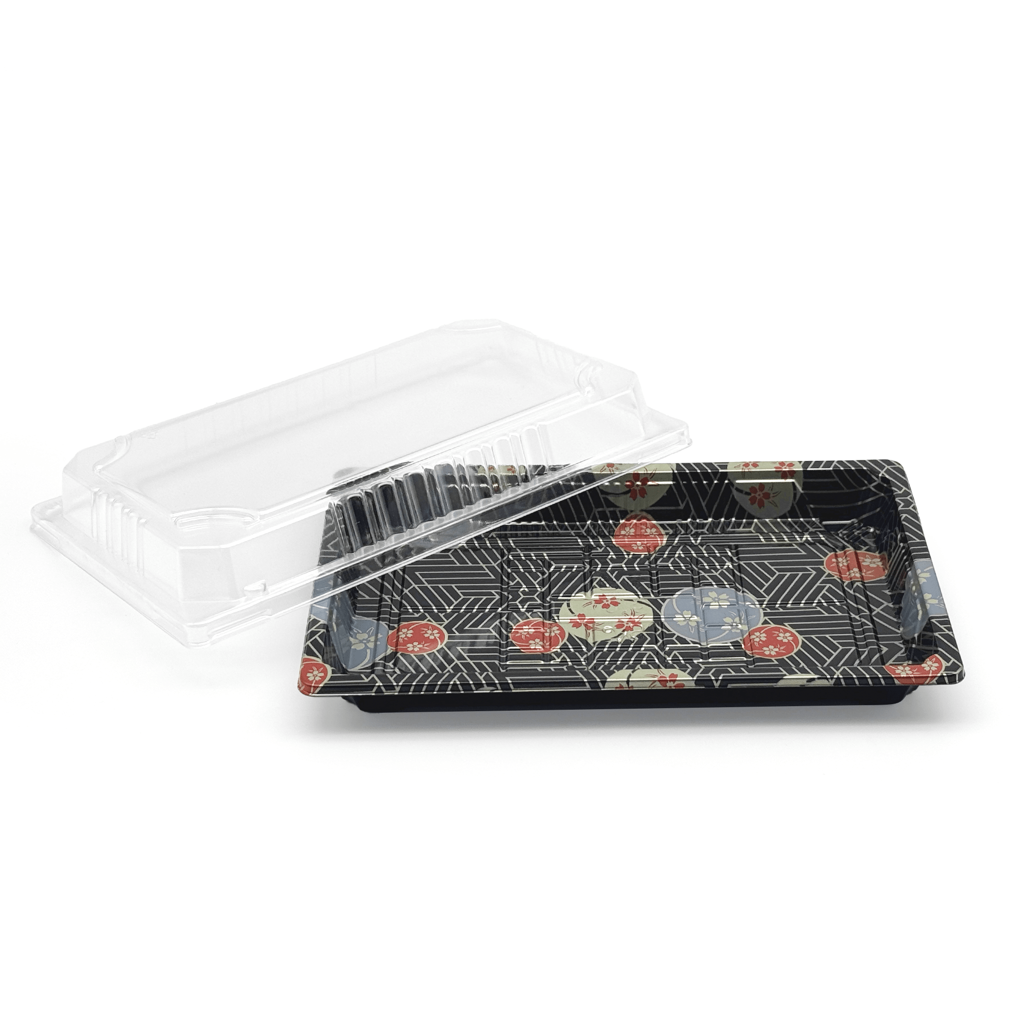 [1,000ct] PS Plastic 8 23/50" x 5 2/5" Sushi Tray Base with Lid | Black - Biocean by Danube BlueBiocean