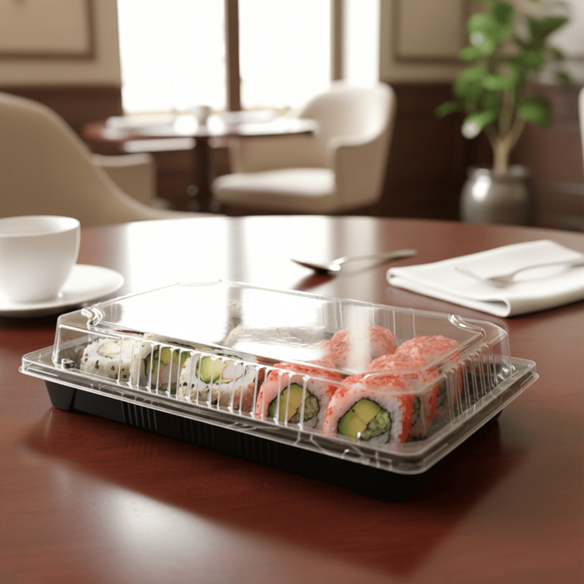 [1,000ct] PS Plastic 8 23/50" x 5 2/5" Sushi Tray Base with Lid | Black - Biocean by Danube BlueBiocean