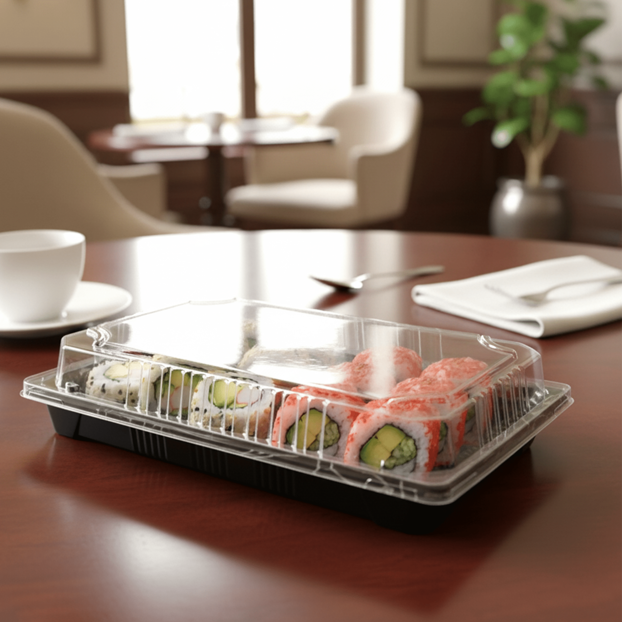 [1,000ct] PS Plastic 8 23/50" x 5 2/5" Sushi Tray Base with Lid | Black - Biocean by Danube BlueBiocean