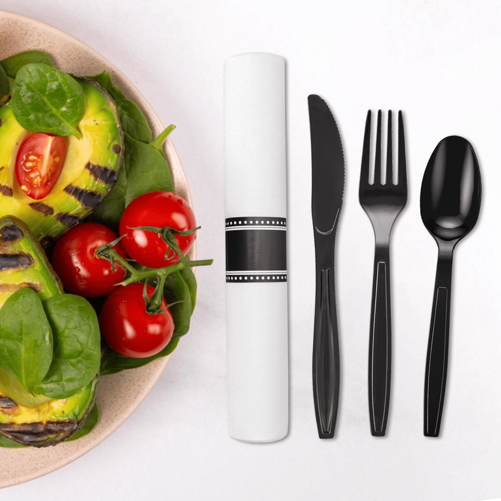 [100ct] 17.5" × 15.5" Pre - Rolled Linen - Feel Napkin and Heavy Weight PS Plastic Cutlery Kits | Black - Biocean by Danube BlueBiocean
