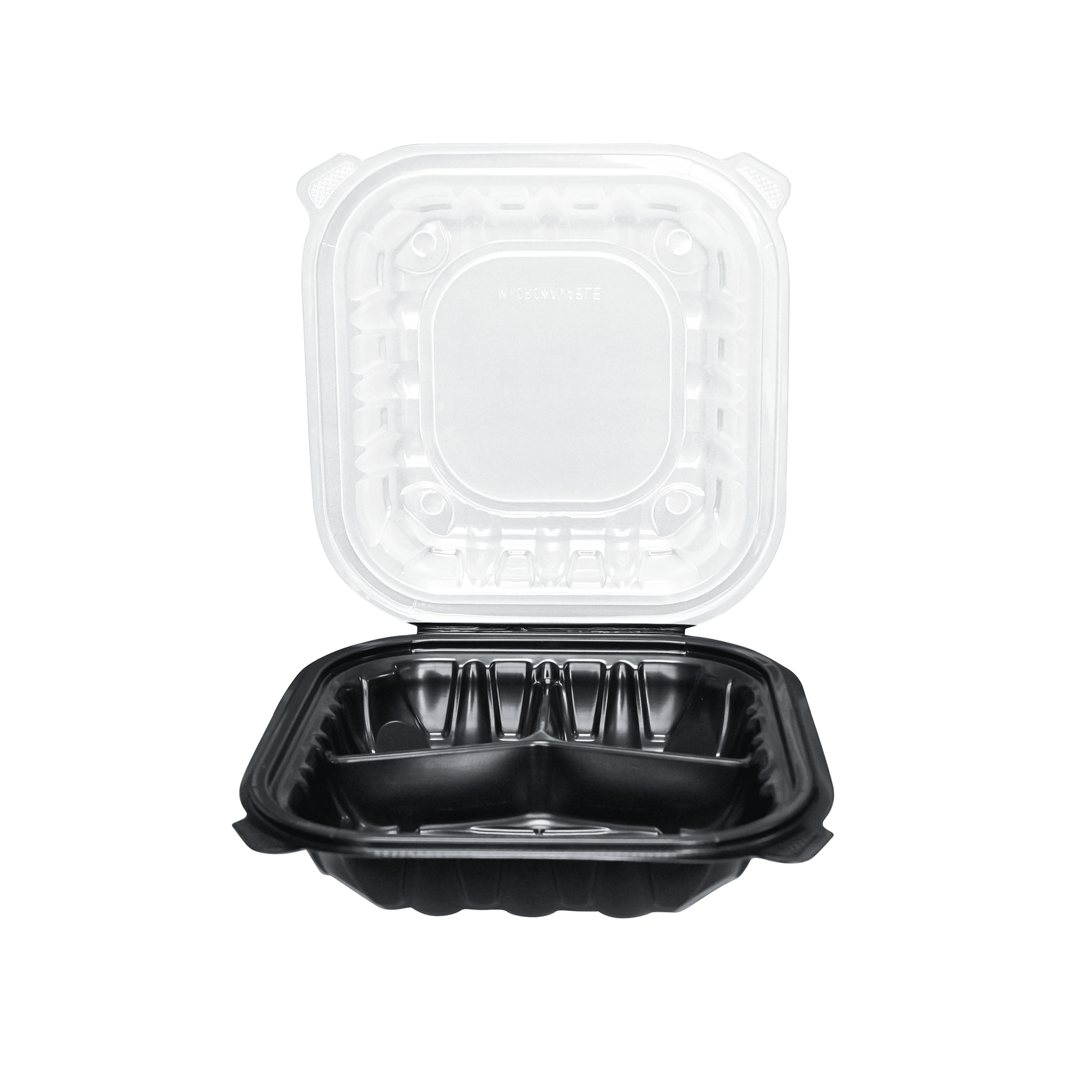 [100ct] 8" x 8" Premium PP Hinged Food Containers | 3 - Compartment | Clear and Black - Biocean by Danube BlueBiocean