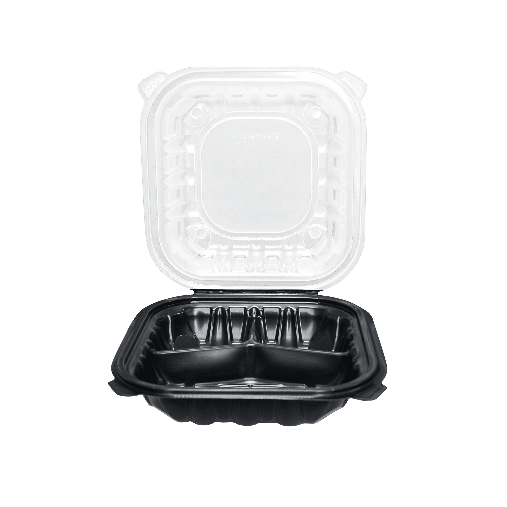 [100ct] 8" x 8" Premium PP Hinged Food Containers | 3 - Compartment | Clear and Black - Biocean by Danube BlueBiocean