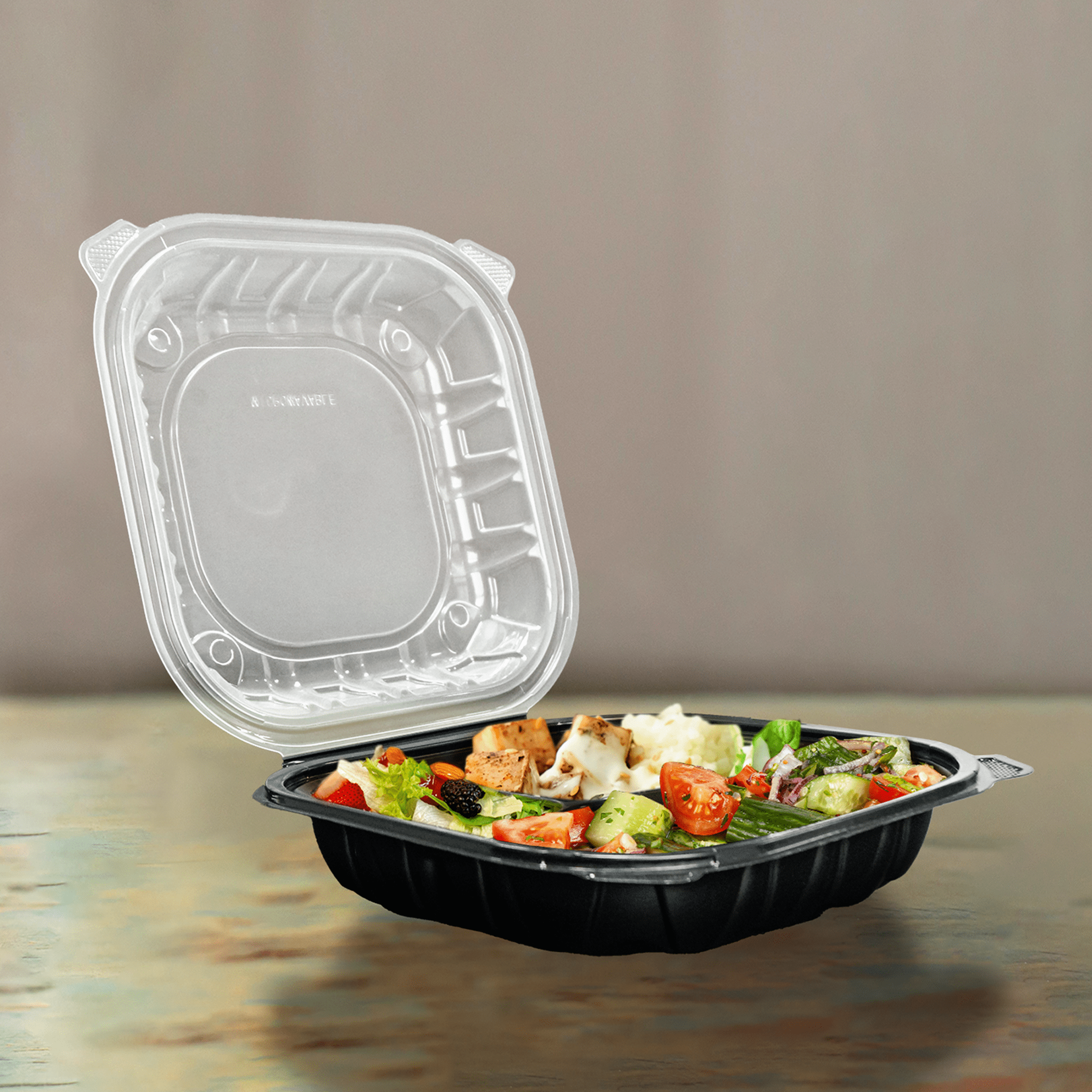 [100ct] 8" x 8" Premium PP Hinged Food Containers | 3 - Compartment | Clear and Black - Biocean by Danube BlueBiocean