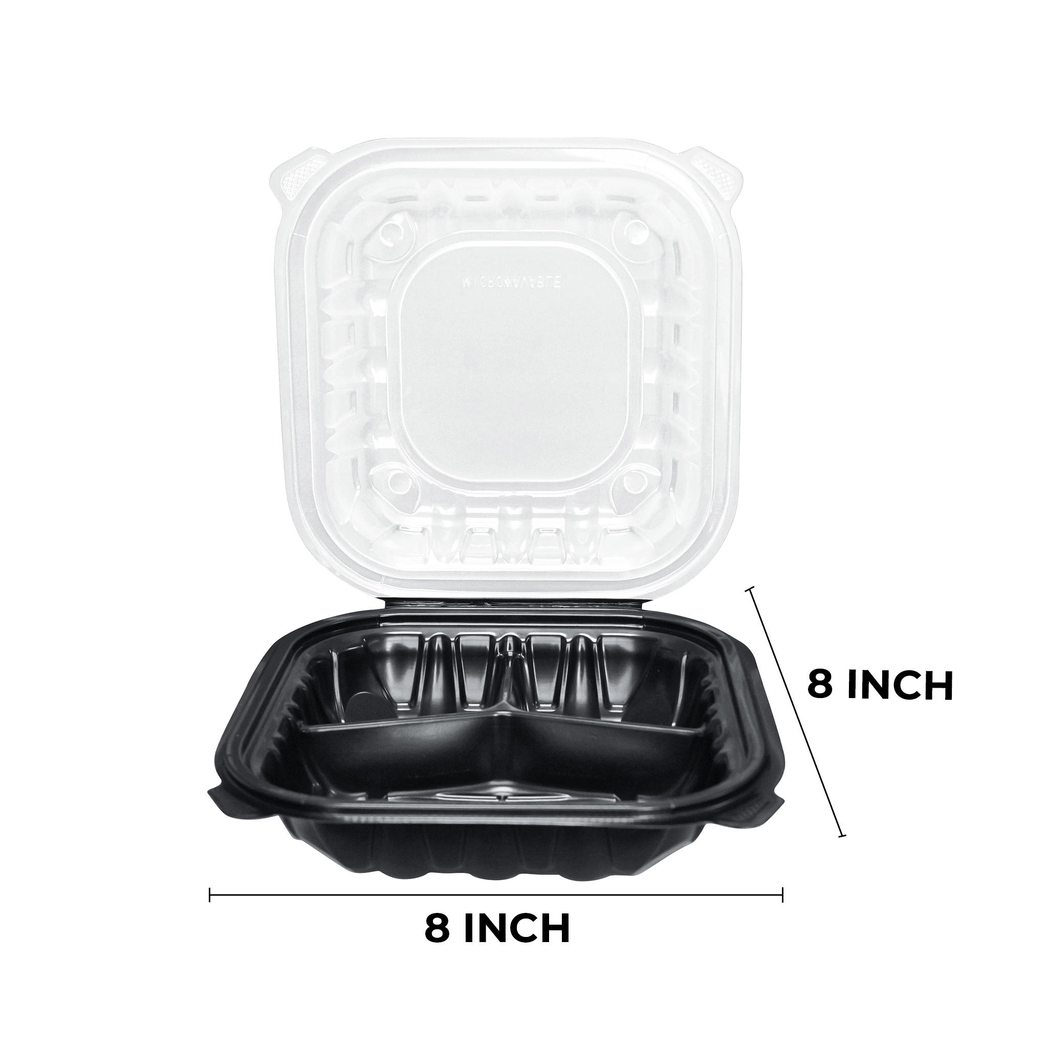 [100ct] 8" x 8" Premium PP Hinged Food Containers | 3 - Compartment | Clear and Black - Biocean by Danube BlueBiocean