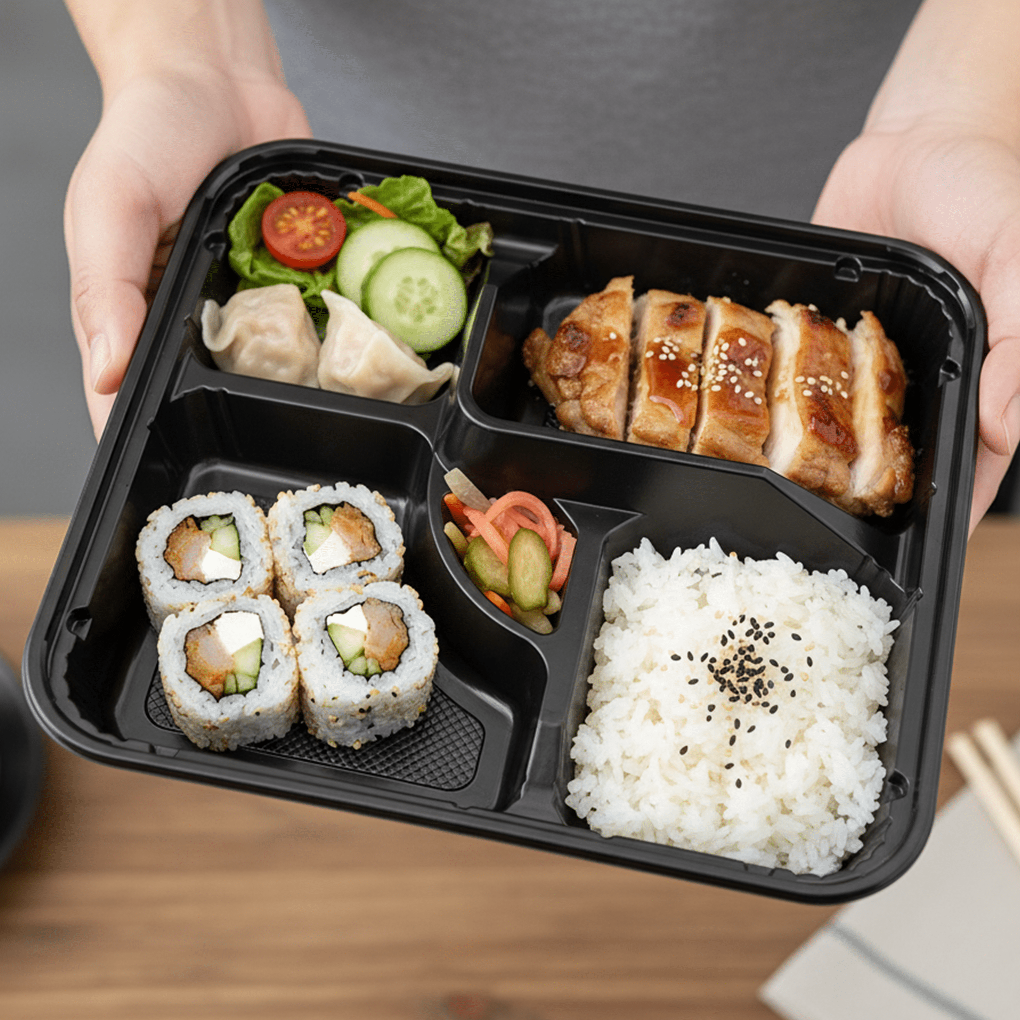 [100ct] PS Plastic 10 3/5" x 10 3/5" Bento Box with lid | 5 - compartment | Black - Biocean by Danube BlueBiocean