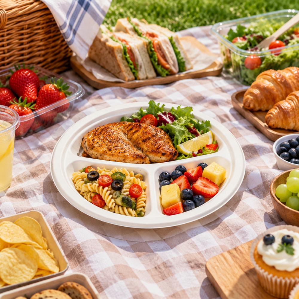 [500ct] 10" Compostable Bagasse Plates | 3-compartment | Round | White