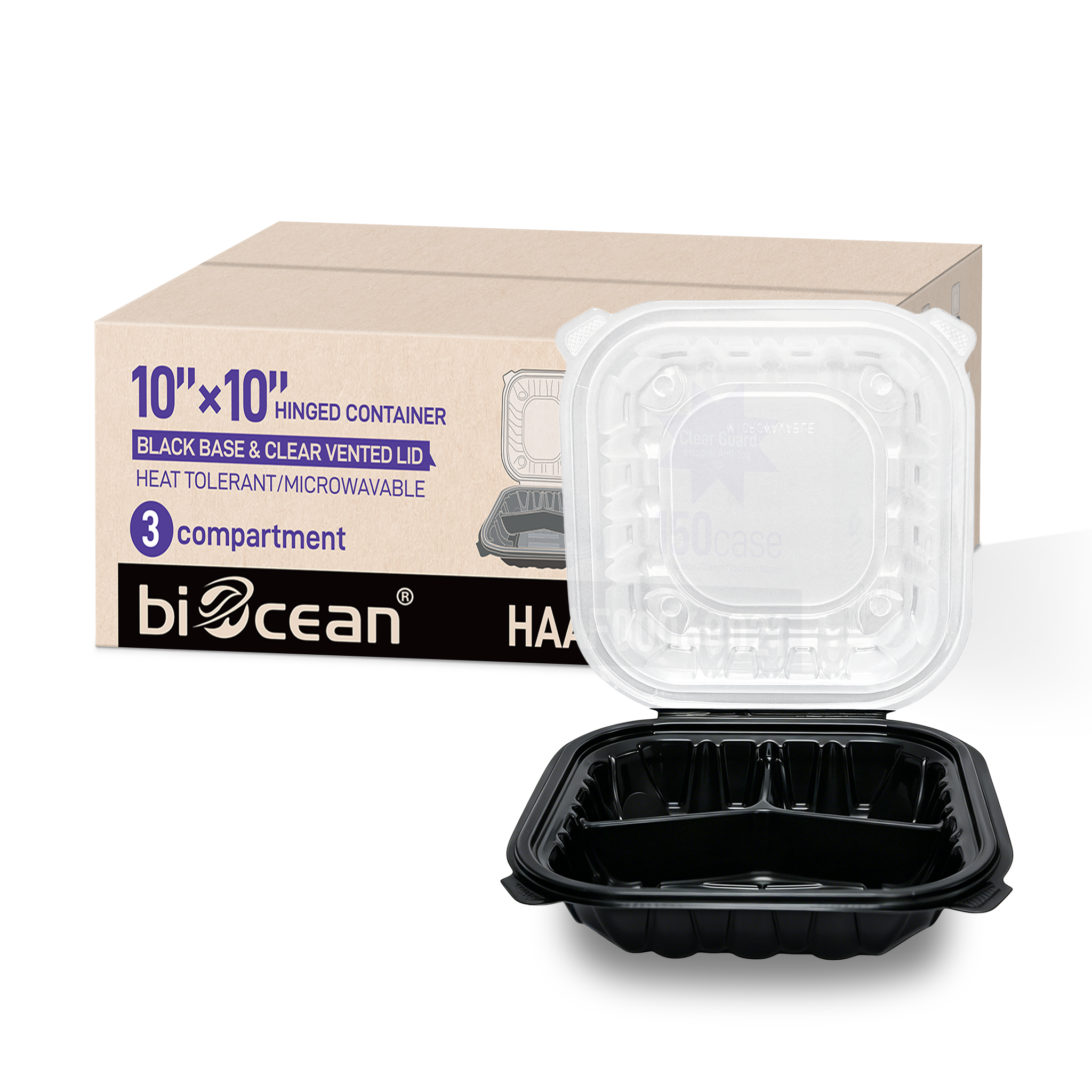 [150ct] 10" x 10" x 3"  Premium PP Hinged Food Containers | 3-Compartment | Clear and Black