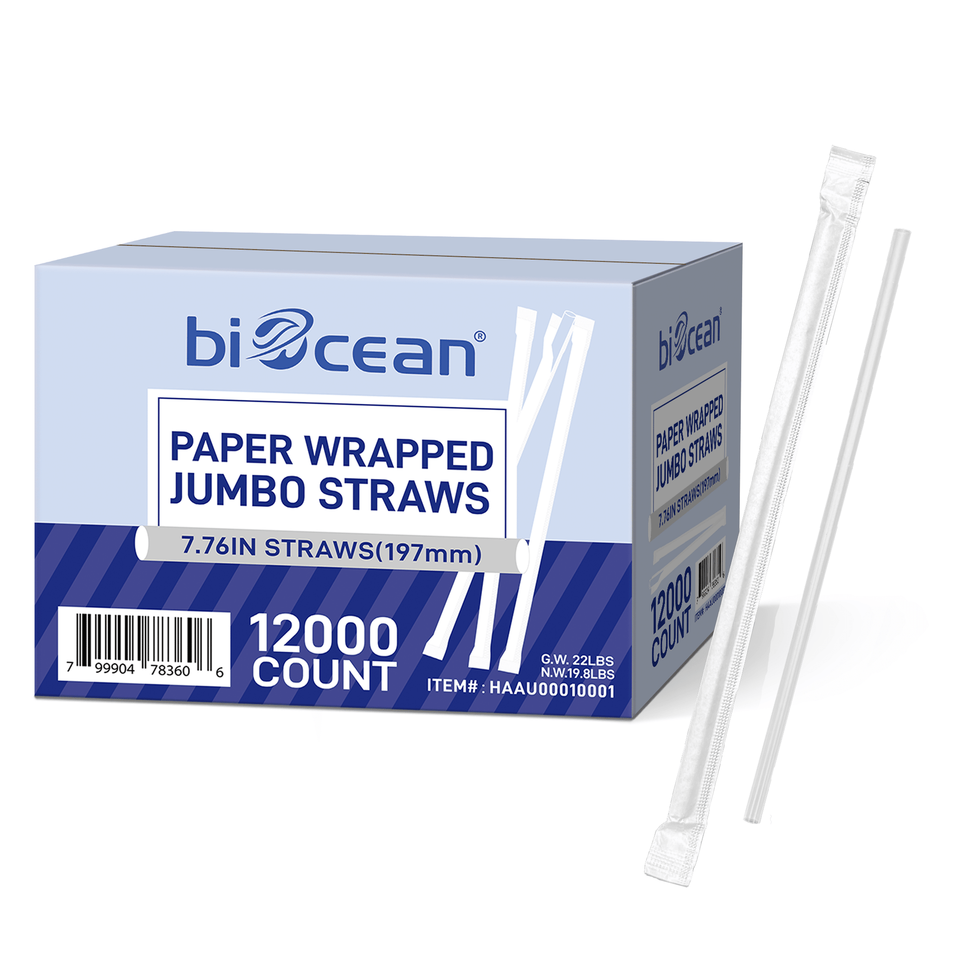 [1,2000ct] 7.8" PP Plastic Paper Wrapped Jumbo Straws | Clear - Biocean by Danube BlueBiocean