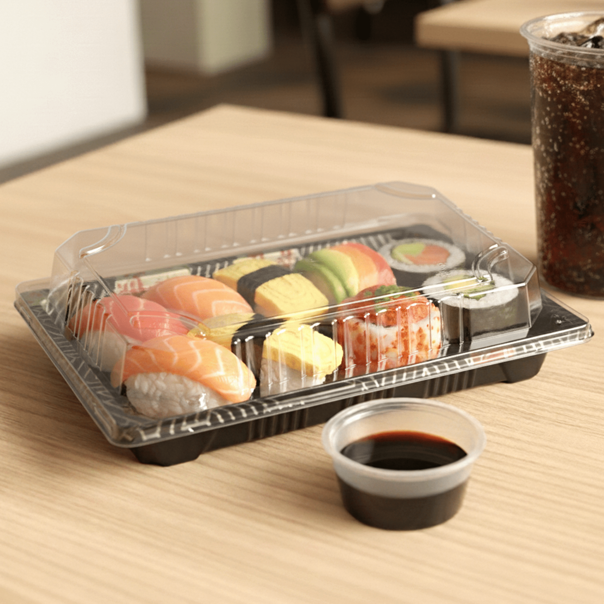 [1,200ct] PS Plastic 7 7/25" x 5 1/10" Sushi Tray Base with Lid | Black - Biocean by Danube BlueBiocean