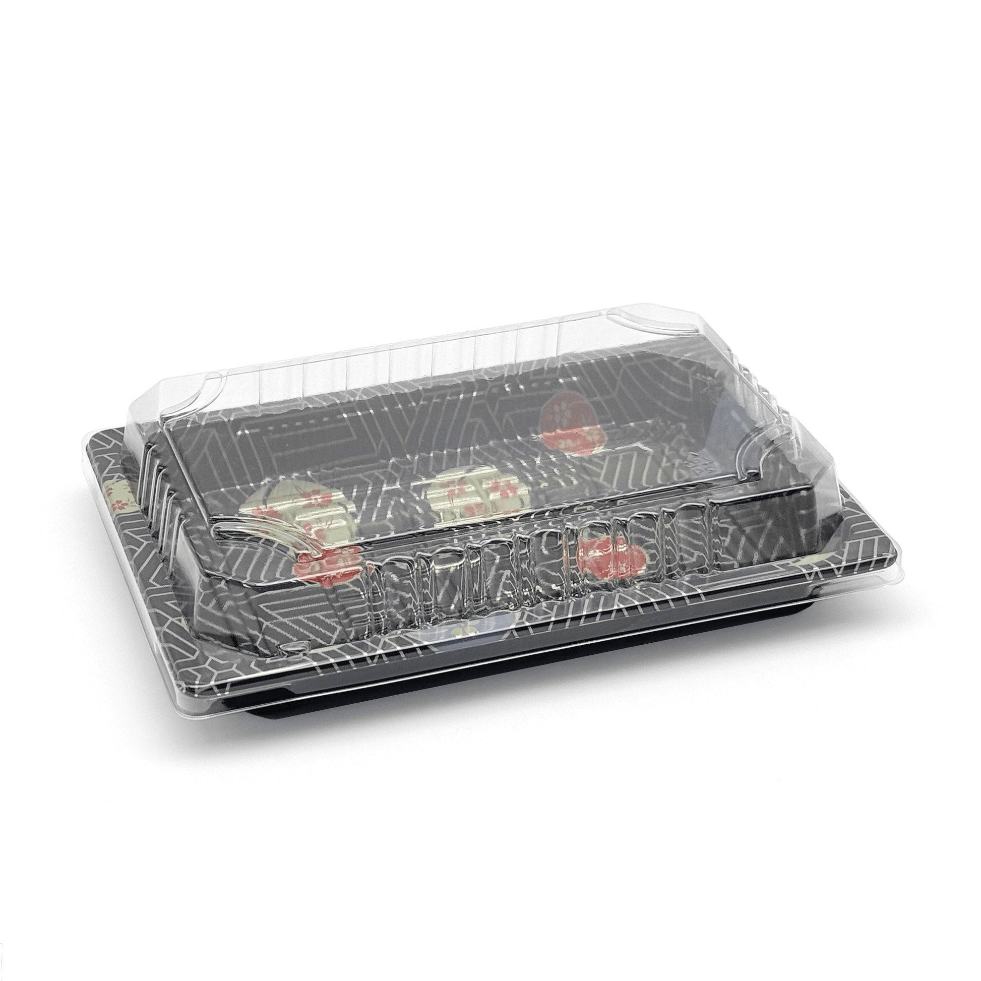 [1,200ct] PS Plastic 7 7/25" x 5 1/10" Sushi Tray Base with Lid | Black - Biocean by Danube BlueBiocean
