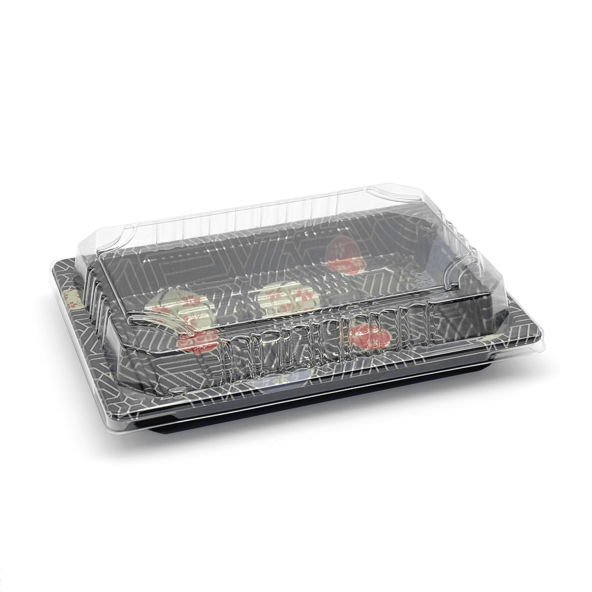 [1,200ct] PS Plastic 7 7/25" x 5 1/10" Sushi Tray Base with Lid | Black - Biocean by Danube BlueBiocean