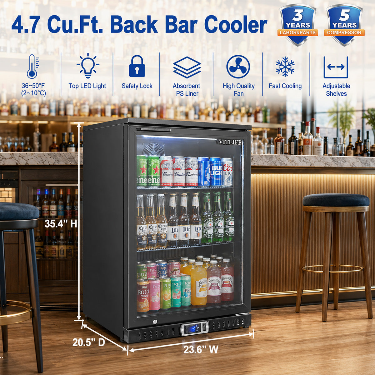 Vitlife Commercial VBBS-138H 23.5" Back Bar Cooler, 4.7 Cu Ft