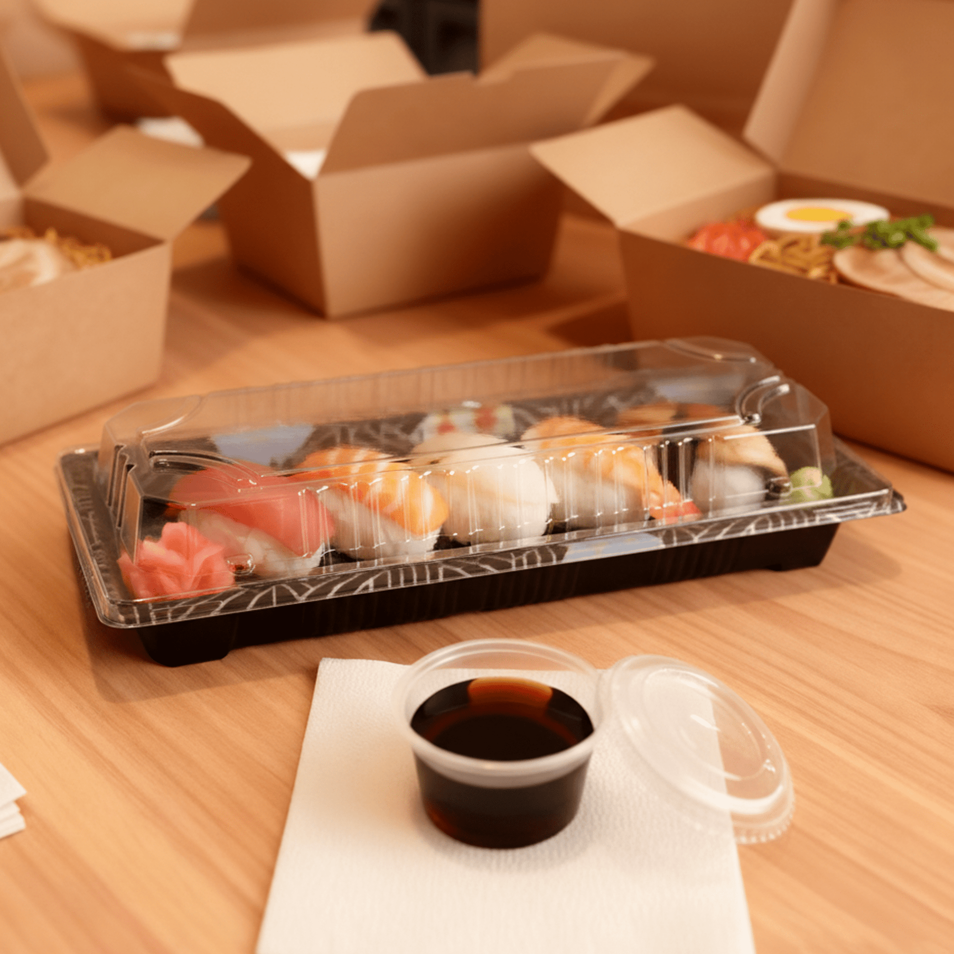 [1,400ct] PS Plastic 8 7/9" x 3 7/9" Sushi Tray Base with Lid | Black - Biocean by Danube BlueBiocean