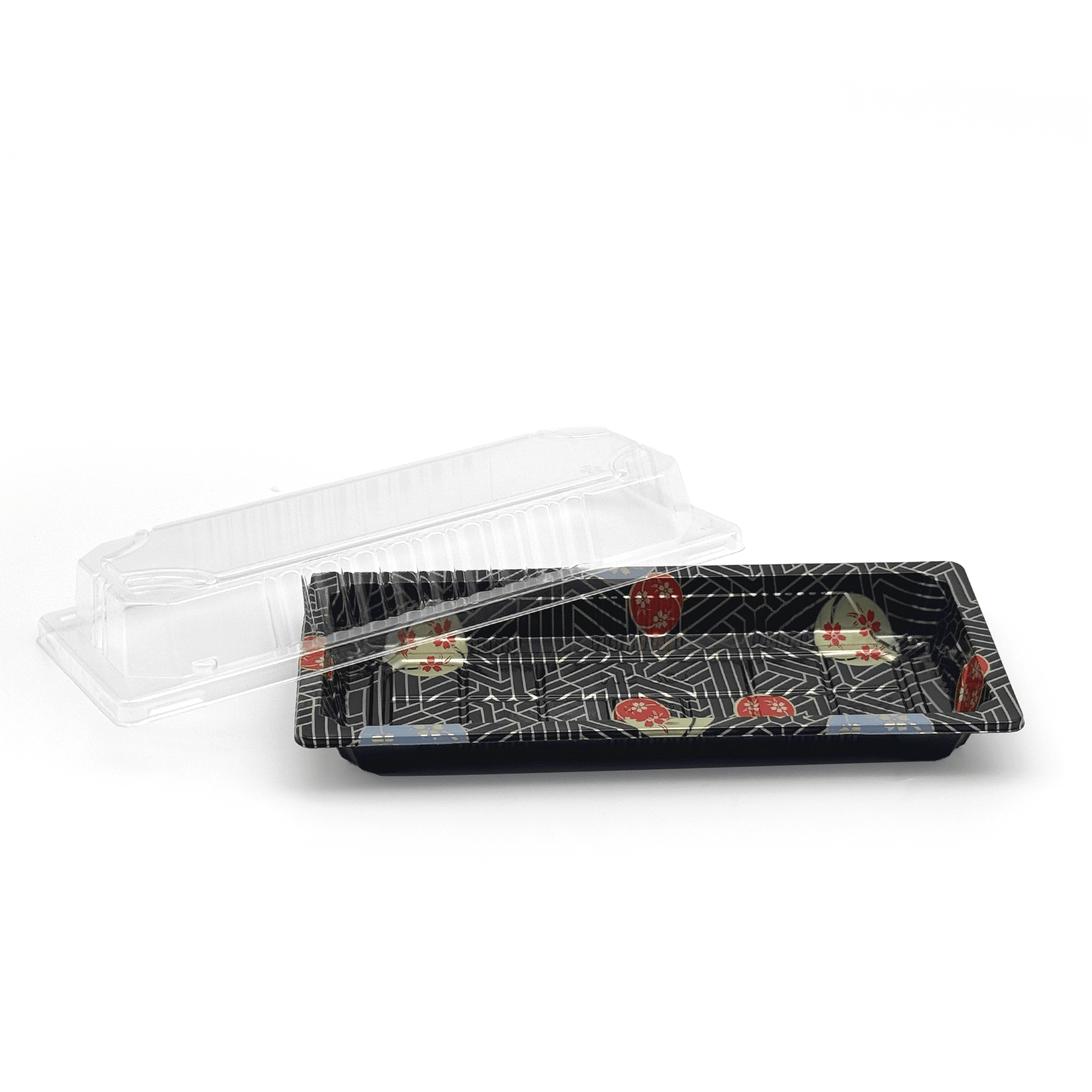 [1,400ct] PS Plastic 8 7/9" x 3 7/9" Sushi Tray Base with Lid | Black - Biocean by Danube BlueBiocean