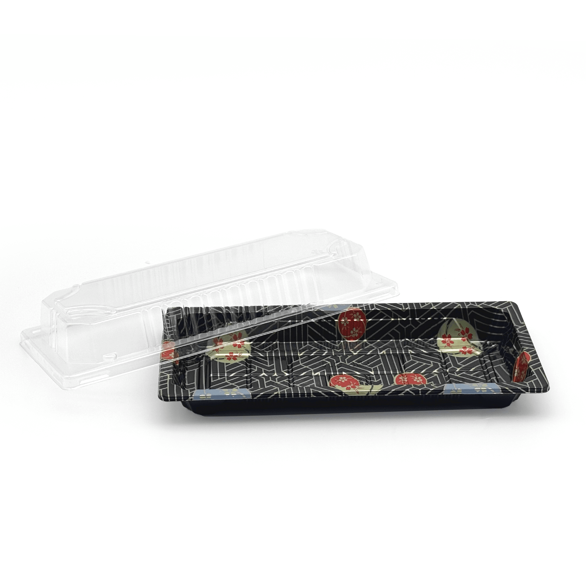 [1,400ct] PS Plastic 8 7/9" x 3 7/9" Sushi Tray Base with Lid | Black - Biocean by Danube BlueBiocean