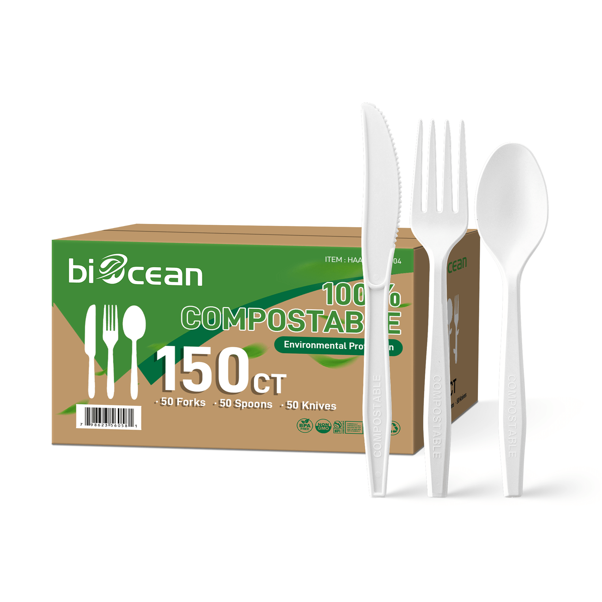 [150 ct] PLA Heavy Weight Mixed Cutlery Kits (Fork, Knife, Spoon) | White - Biocean by Danube BlueBiocean