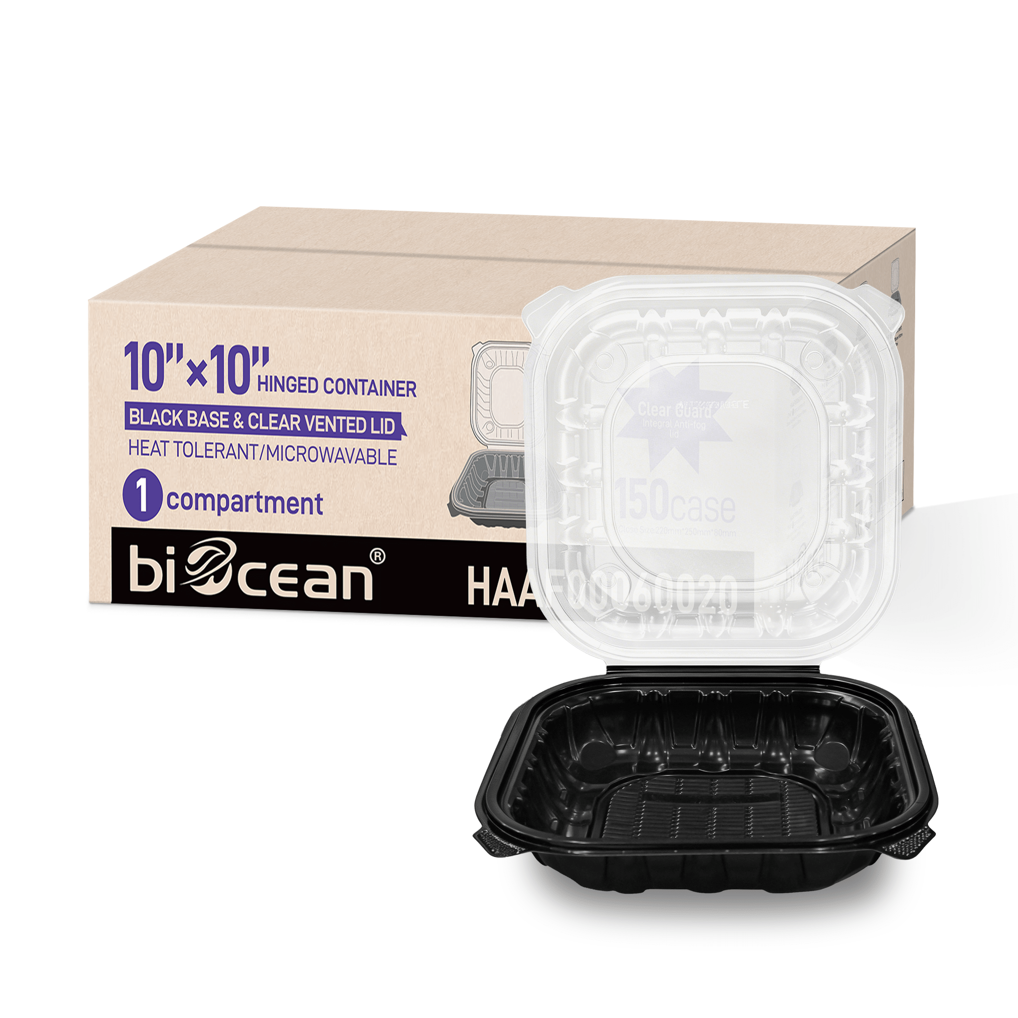 [150ct] 10" x 10" x 3" Premium PP Hinged Food Containers | 1 - Compartment | Clear and Black - Biocean by Danube BlueBiocean