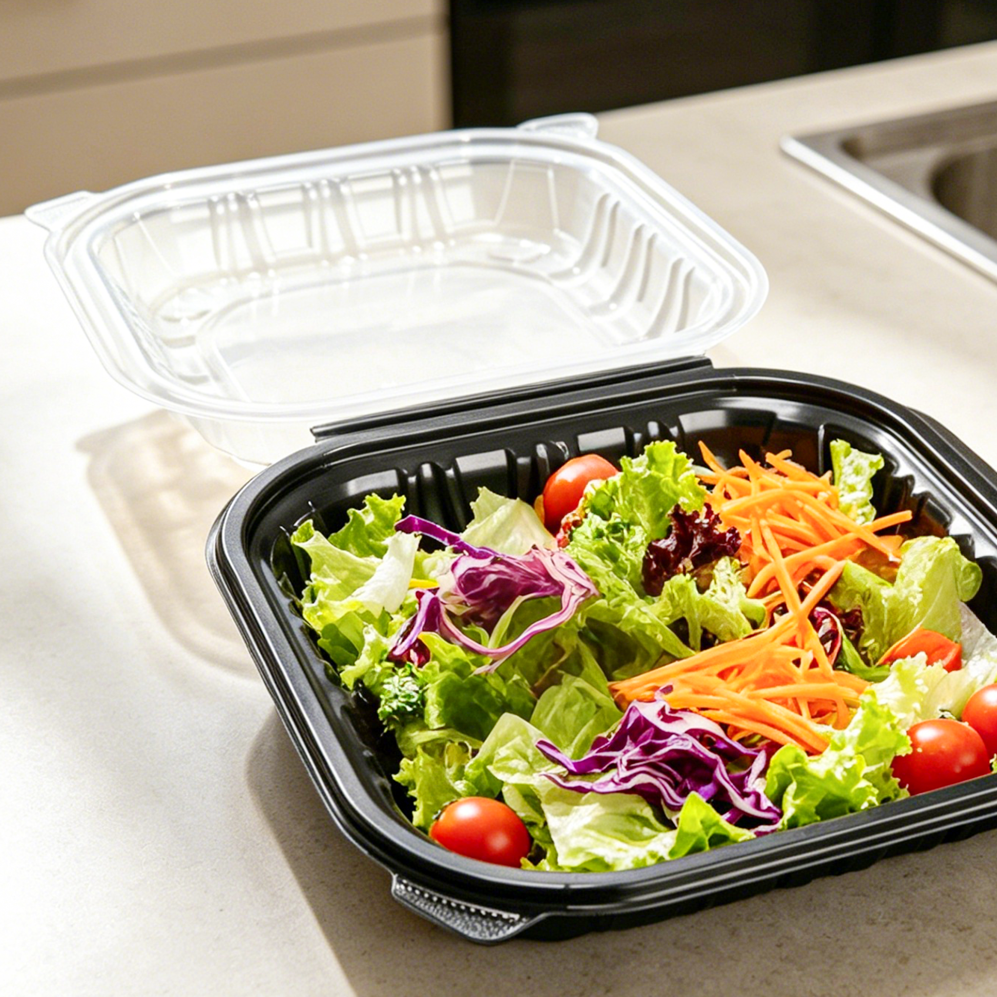 [150ct] 10" x 10" x 3" Premium PP Hinged Food Containers | 1 - Compartment | Clear and Black - Biocean by Danube BlueBiocean