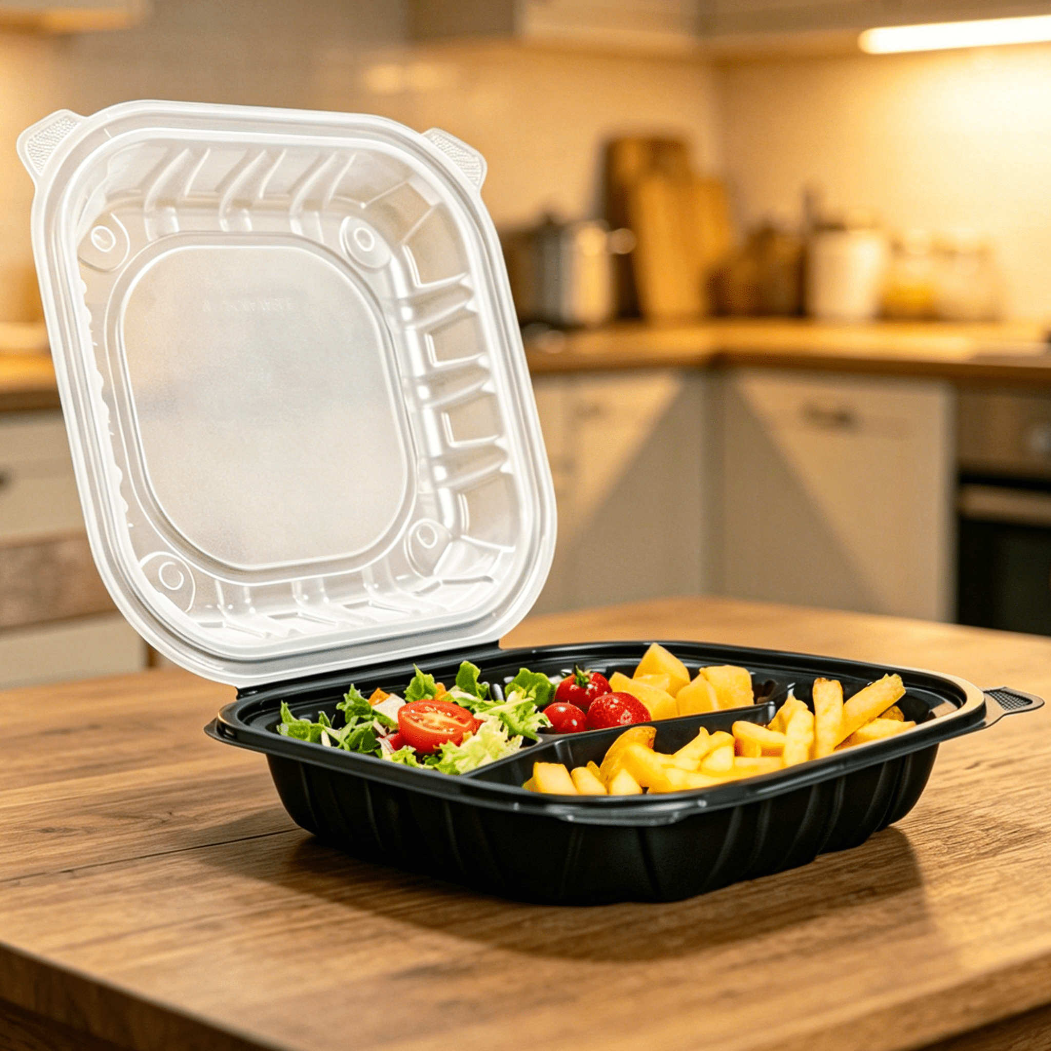 [150ct] 10" x 10" x 3" Premium PP Hinged Food Containers | 3 - Compartment | Clear and Black - Biocean by Danube BlueBiocean